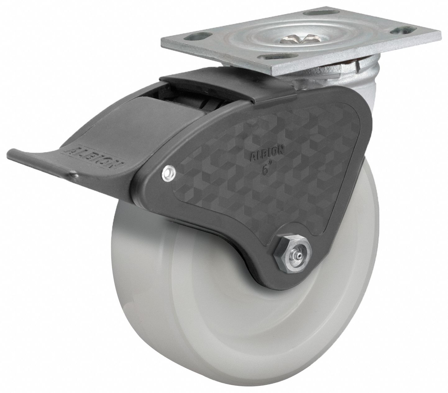 Plate Caster: Swivel, Total Lock, Nylon, 6 in Wheel Dia, 2 in Wheel Wd, 7 1/4 in Mounting Ht