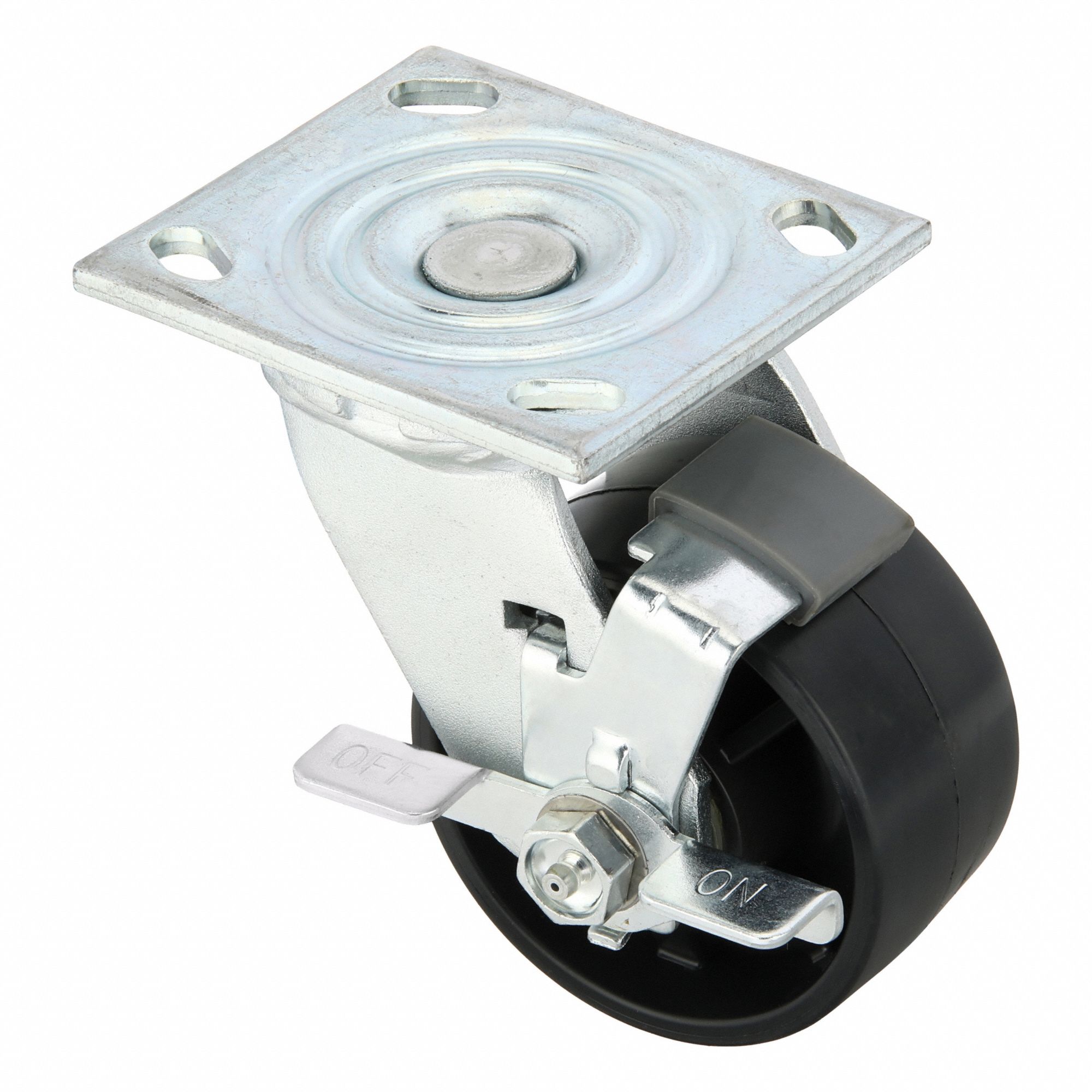 Plate Caster: Swivel, Side Brake, Polypropylene, 4 in Wheel Dia, 2 in Wheel Wd, Slot, Roller