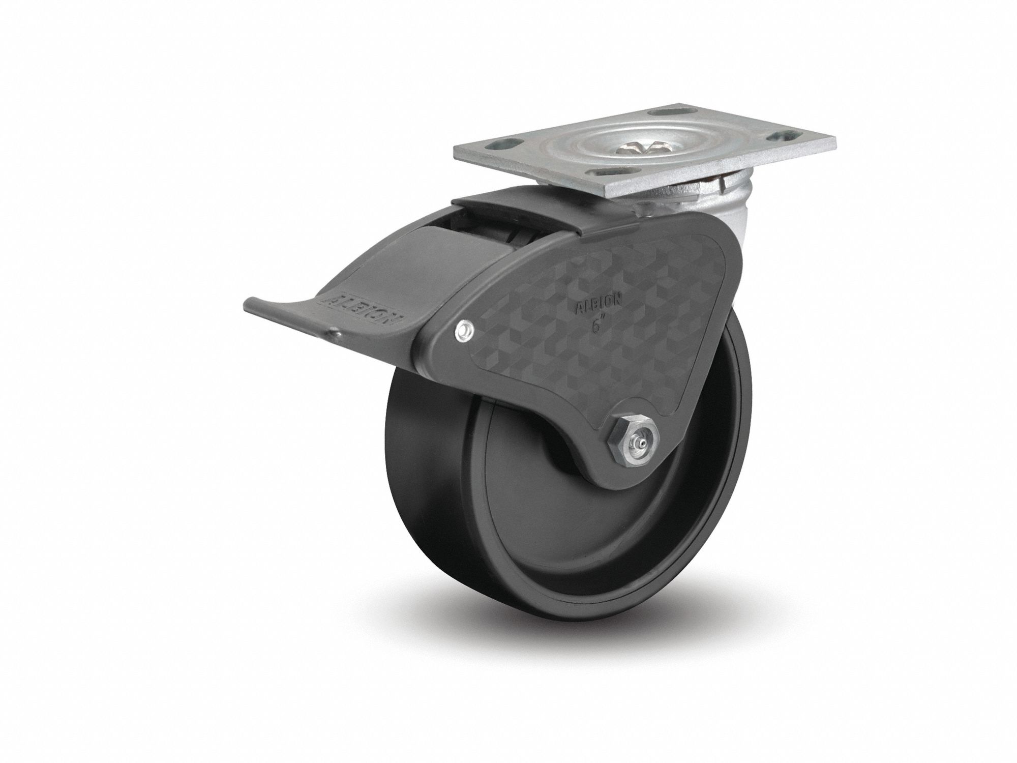 Plate Caster: Swivel, Total Lock, Polypropylene, 4 in Wheel Dia, 2 in Wheel Wd, Slot, Roller