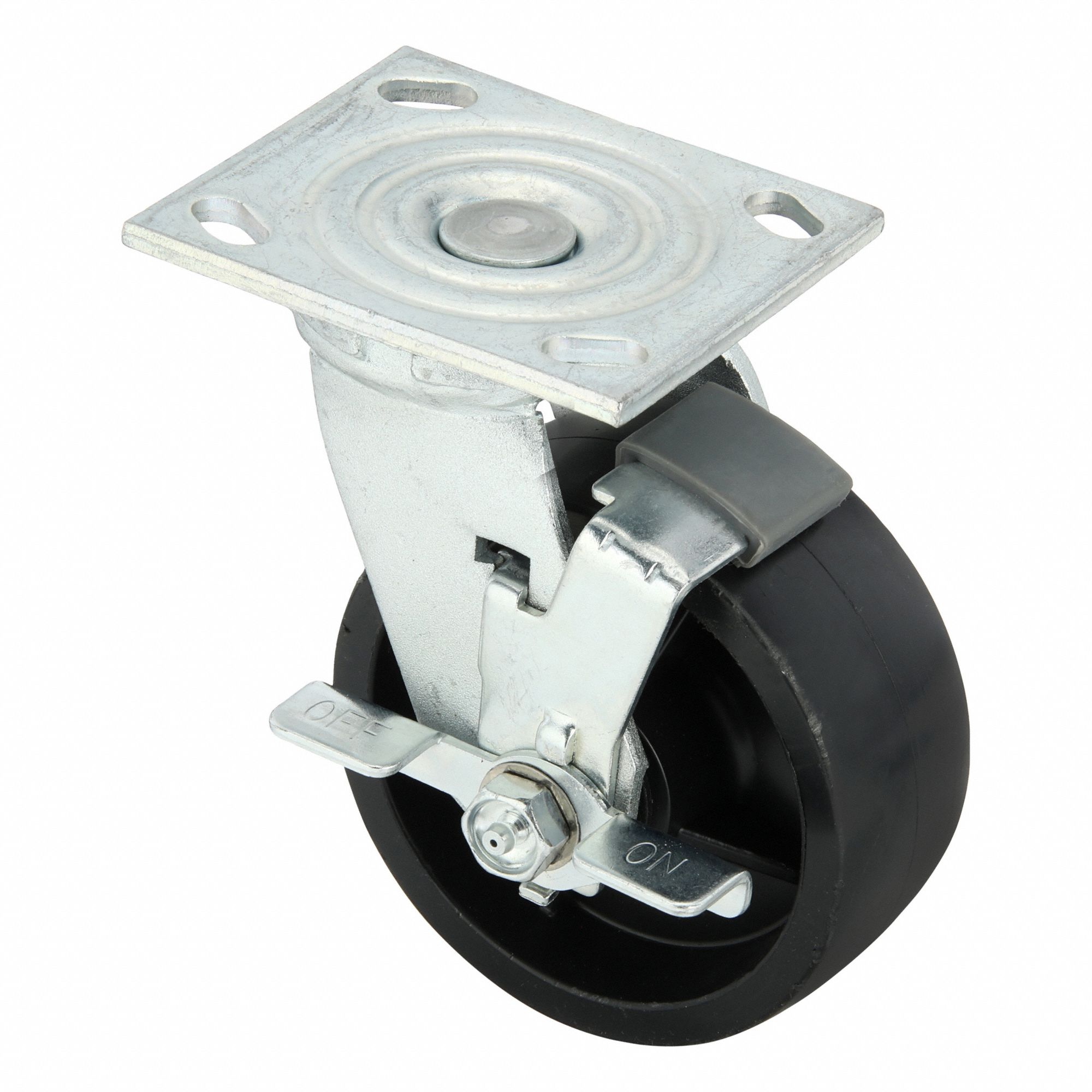 Plate Caster: Swivel, Side Brake, Polypropylene, 5 in Wheel Dia, 2 in Wheel Wd, Slot, Roller