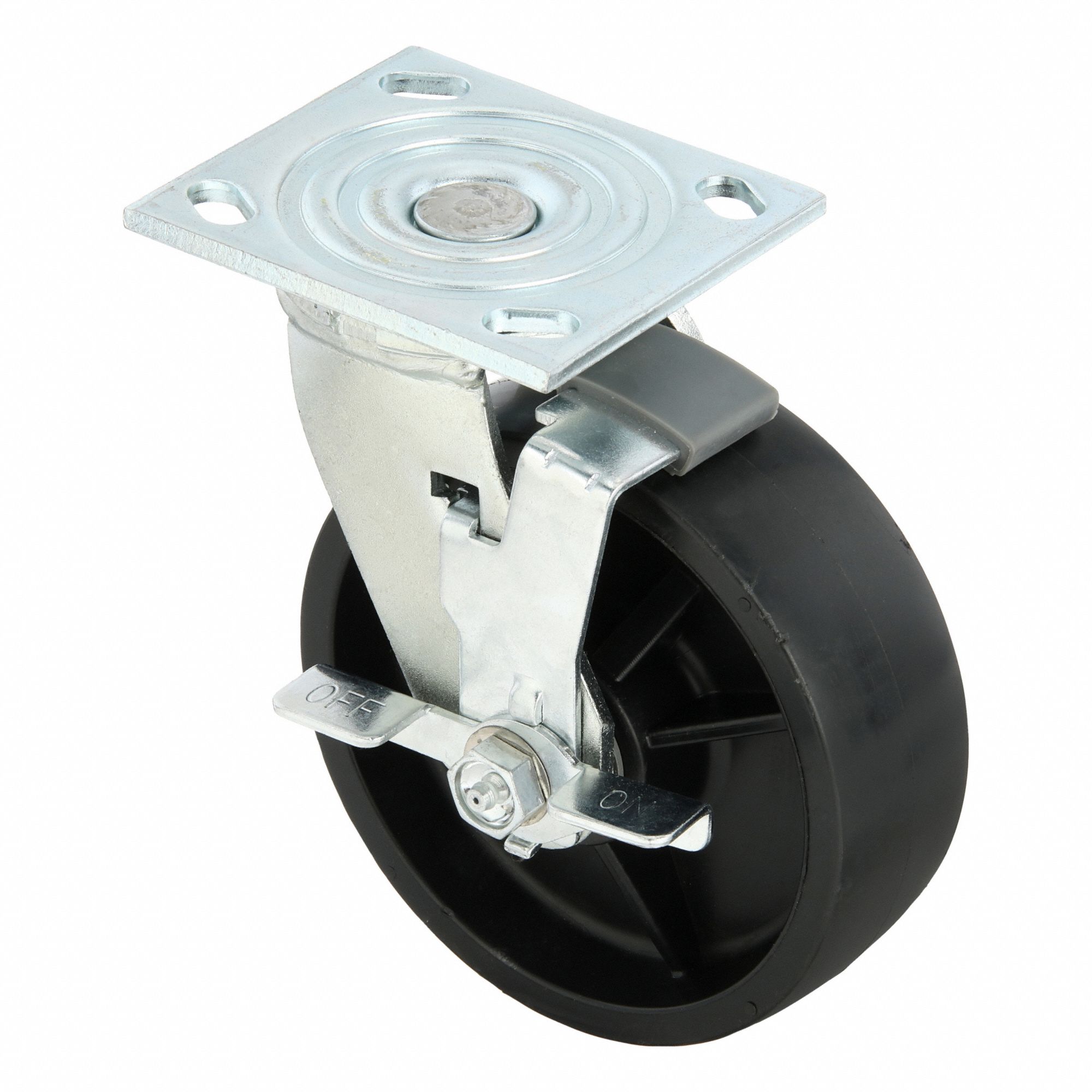 Plate Caster: Swivel, Side Brake, Polypropylene, 6 in Wheel Dia, 2 in Wheel Wd, Slot, Roller