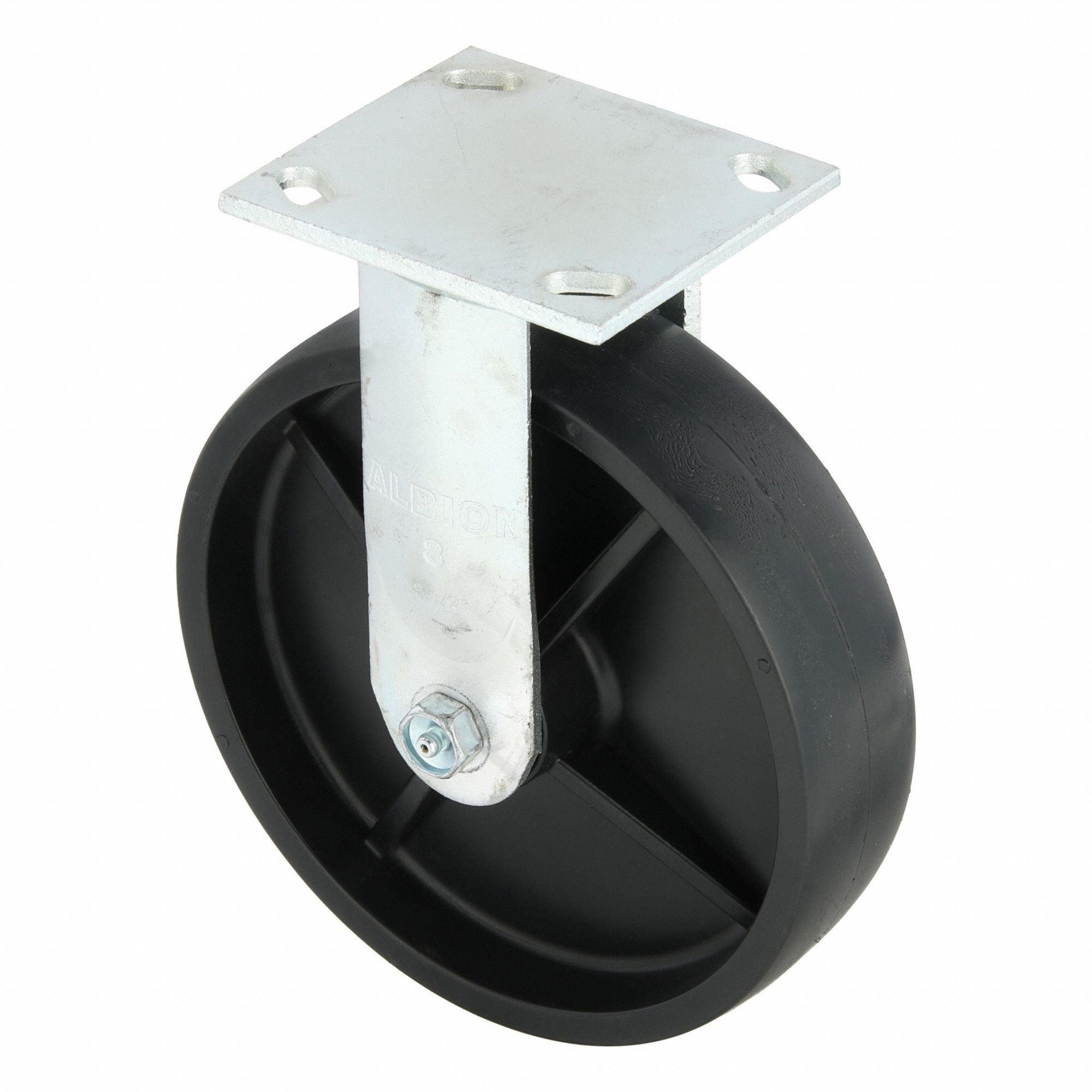 Plate Caster: Rigid, No Brake, Polypropylene, 8 in Wheel Dia, 2 in Wheel Wd, Slot, Rectangle