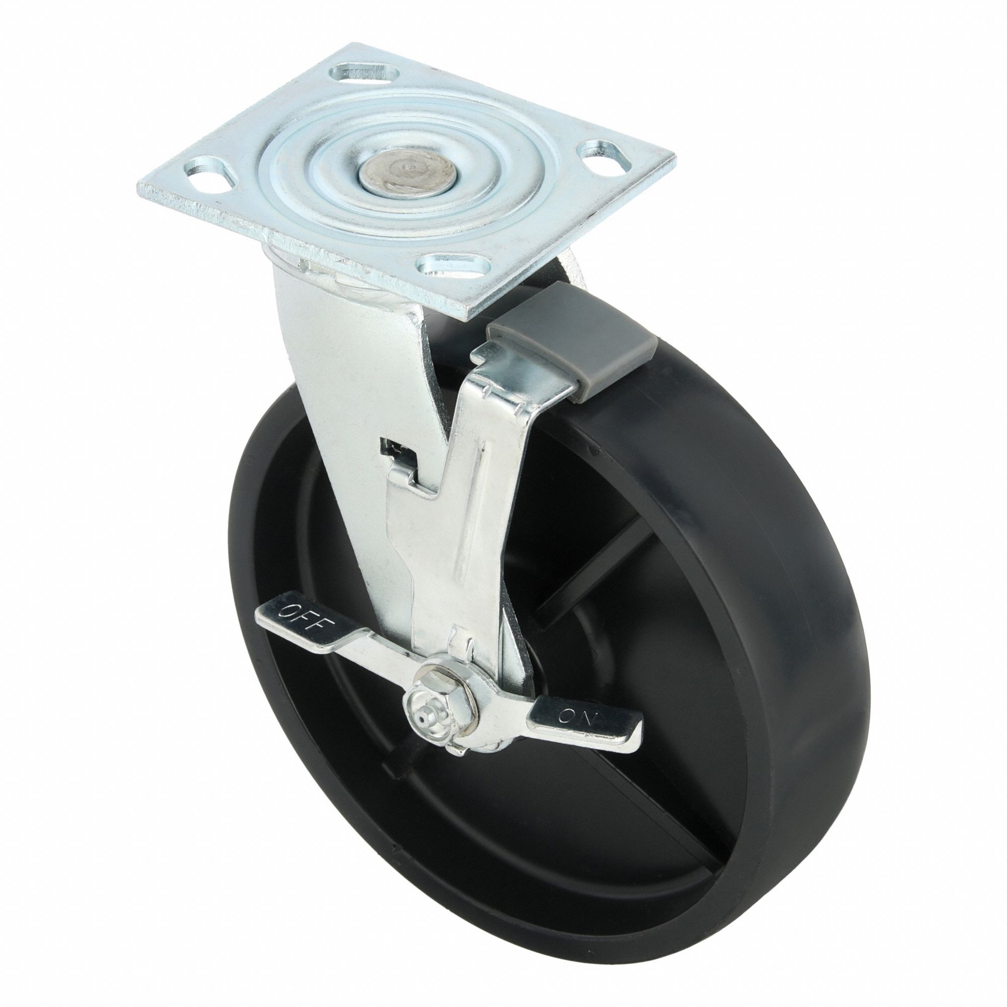 Plate Caster: Swivel, Side Brake, Polypropylene, 8 in Wheel Dia, 2 in Wheel Wd, Slot, Roller