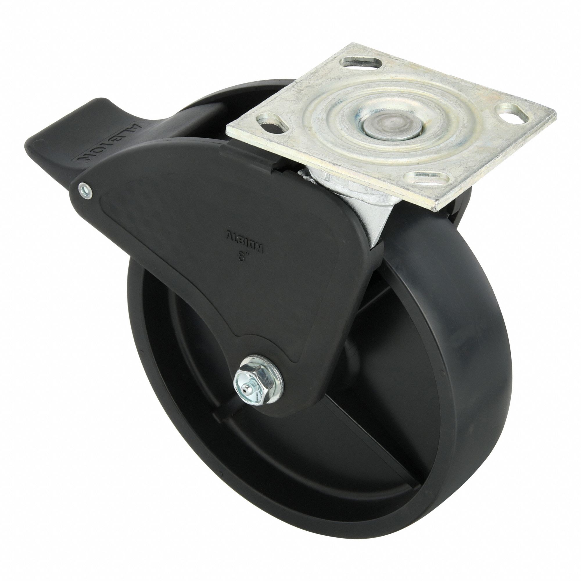 Plate Caster: Swivel, Total Lock, Polypropylene, 8 in Wheel Dia, 2 in Wheel Wd, Slot, Roller