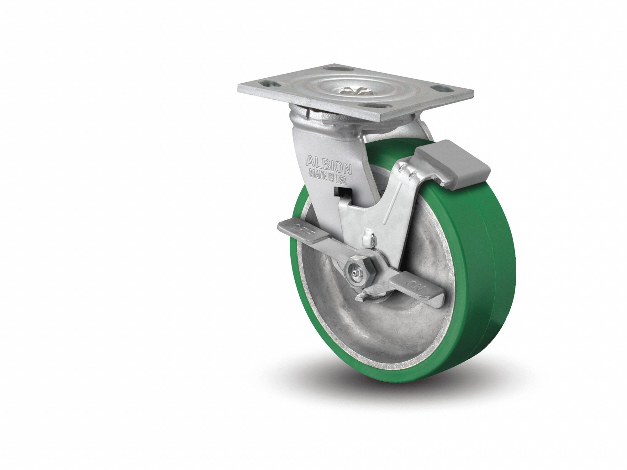 Plate Caster: Swivel, Side Brake, Polyurethane, 8 in Wheel Dia, 2 in Wheel Wd, Slot, Roller