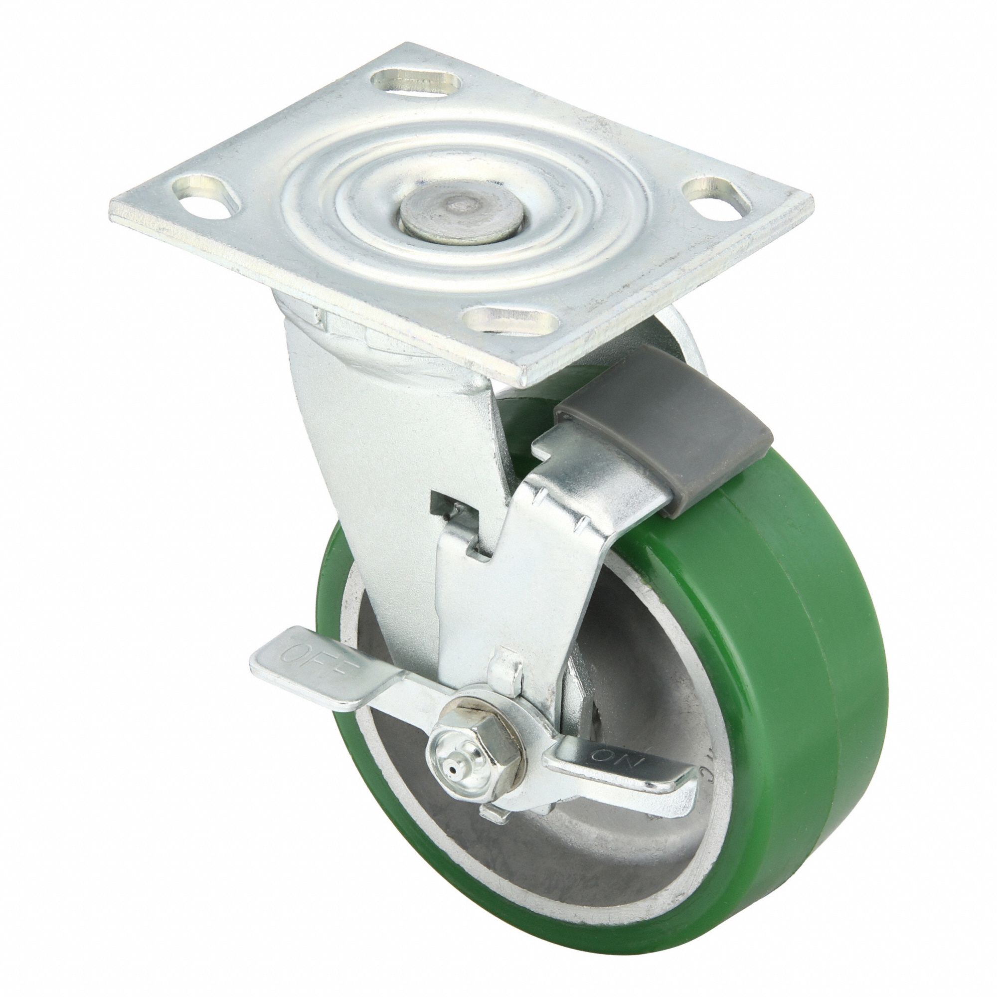 Plate Caster: Swivel, Side Brake, Polyurethane, 5 in Wheel Dia, 2 in Wheel Wd, Slot, Roller