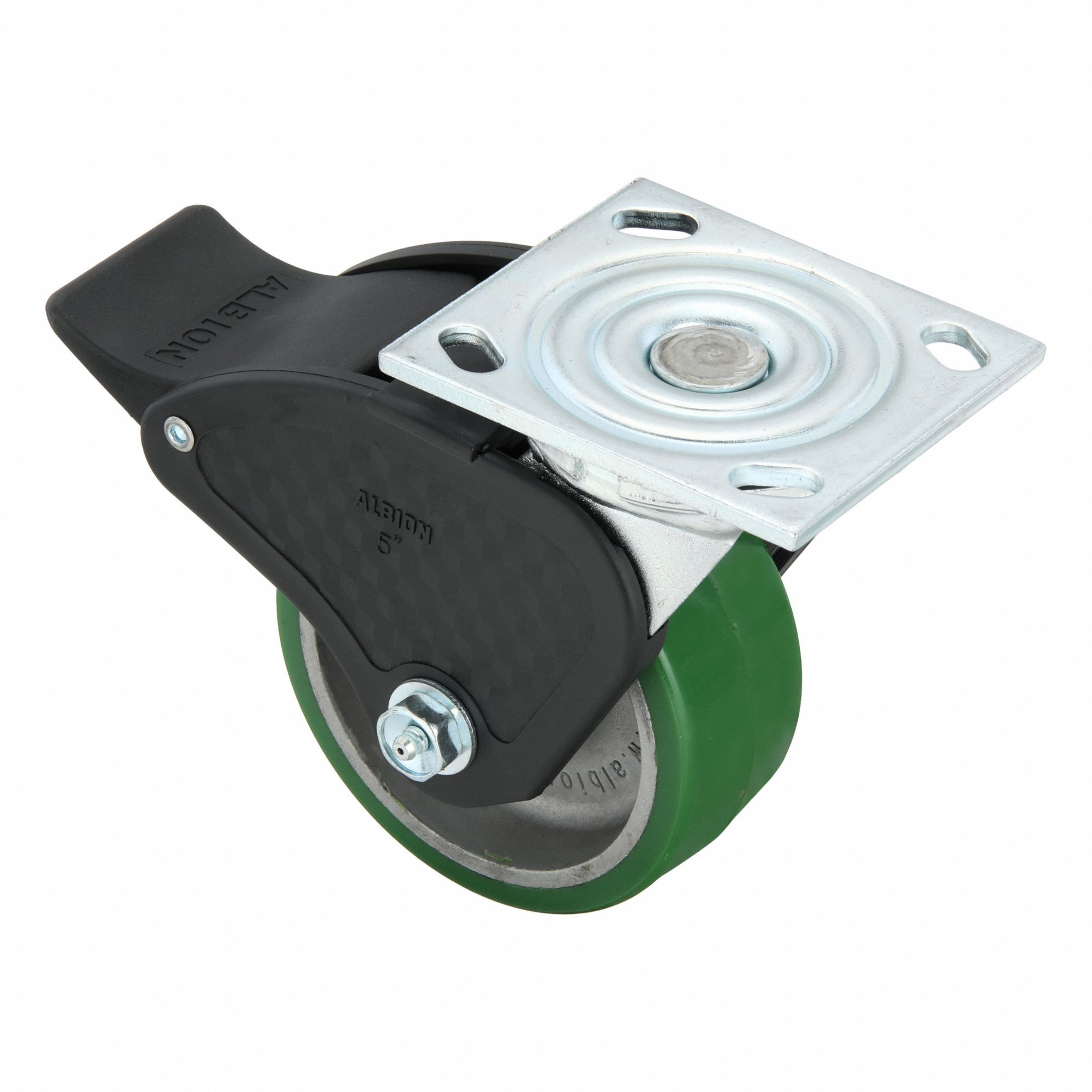 Plate Caster: Swivel, Total Lock, Polyurethane, 5 in Wheel Dia, 2 in Wheel Wd, Slot, Roller