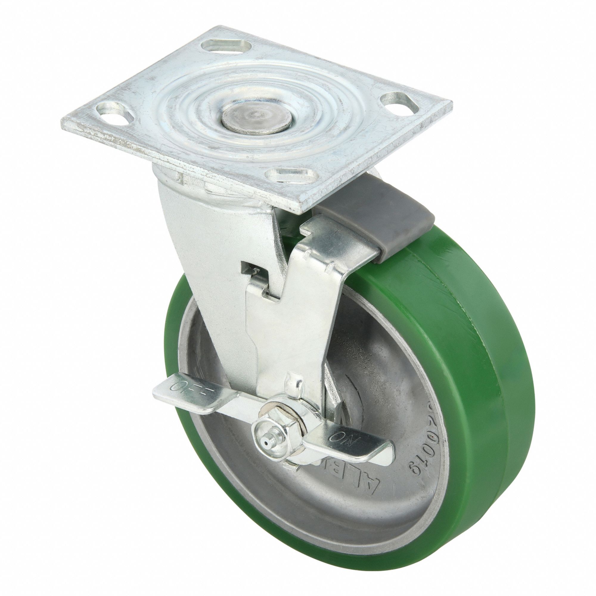 Plate Caster: Swivel, Side Brake, Polyurethane, 6 in Wheel Dia, 2 in Wheel Wd, Slot, Roller
