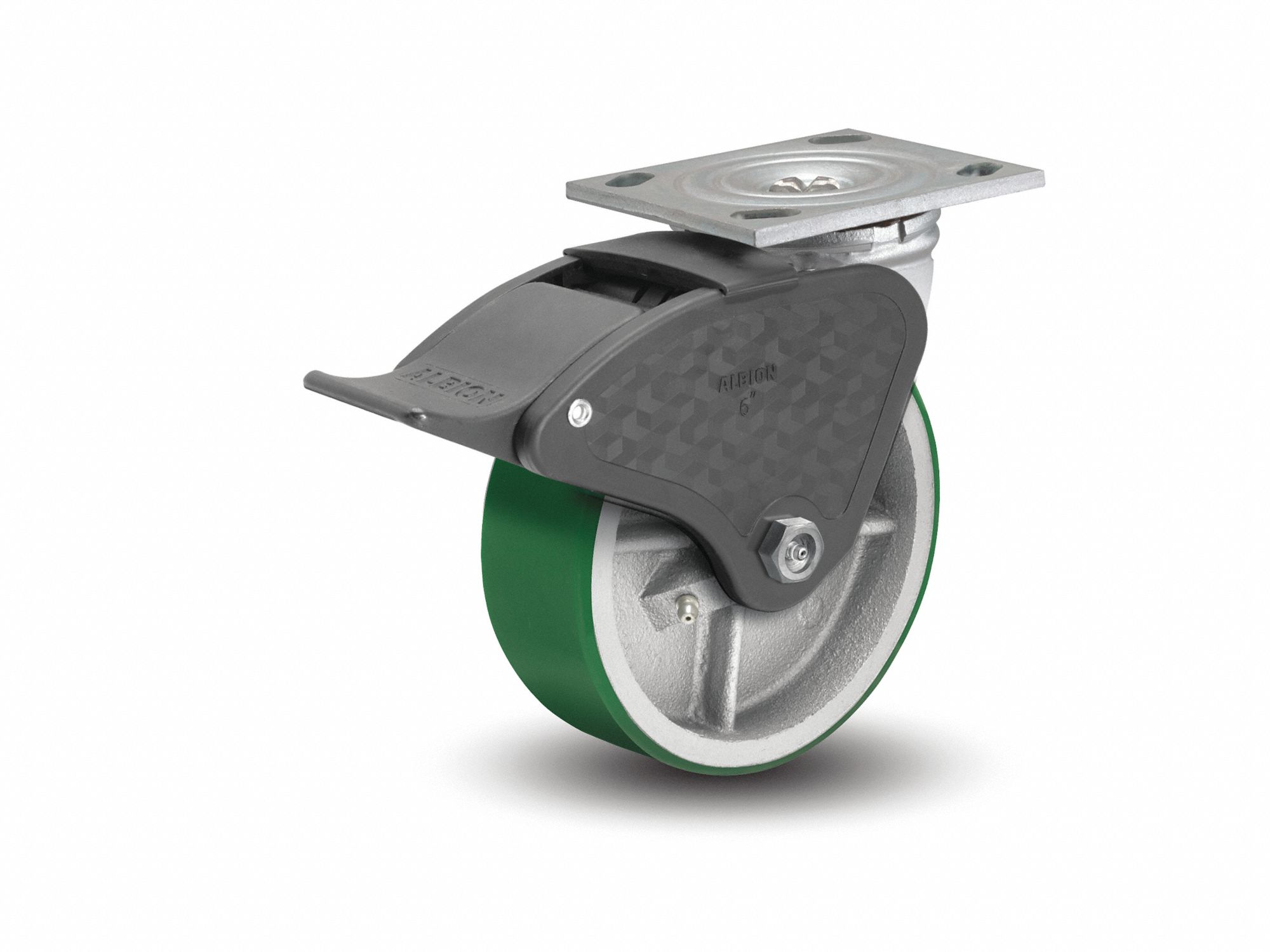 Plate Caster: Swivel, Total Lock, Polyurethane, 6 in Wheel Dia, 2 in Wheel Wd, Slot, Roller