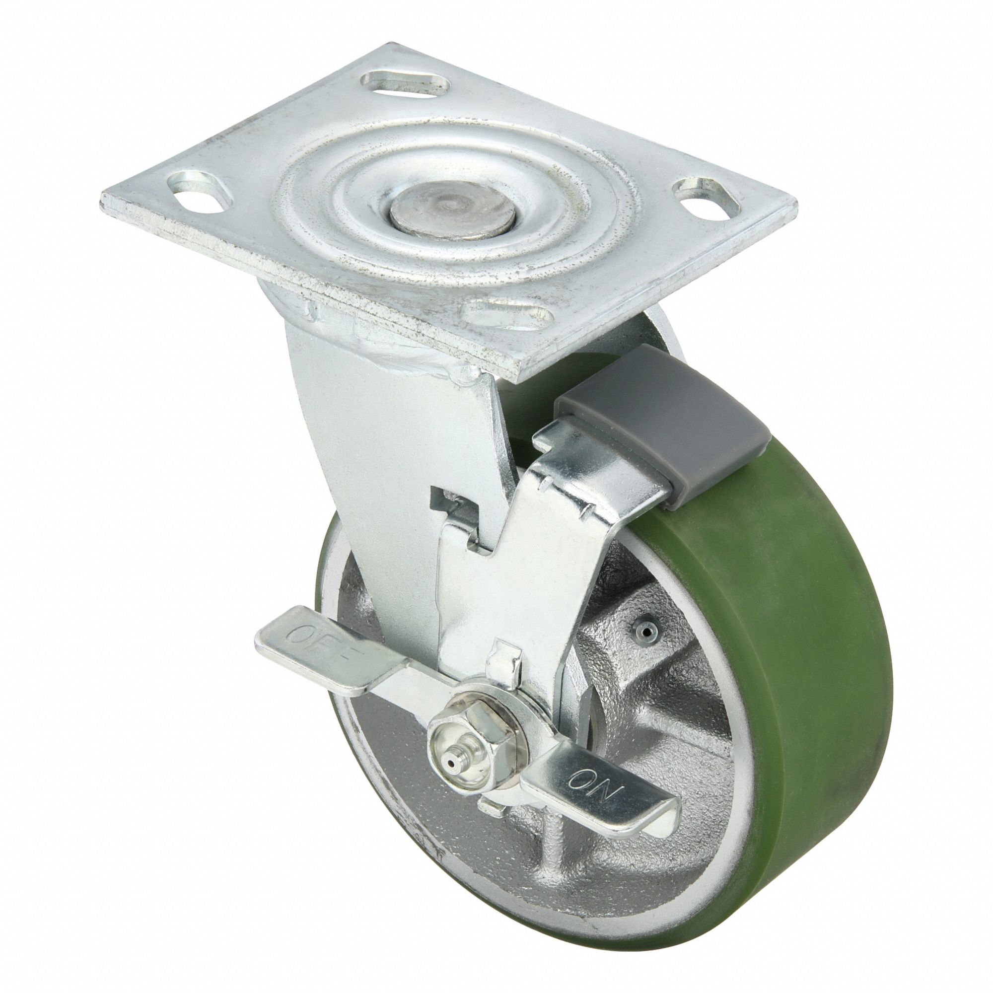 Plate Caster: Swivel, Side Brake, Polyurethane, 5 in Wheel Dia, 2 in Wheel Wd, Slot, Roller