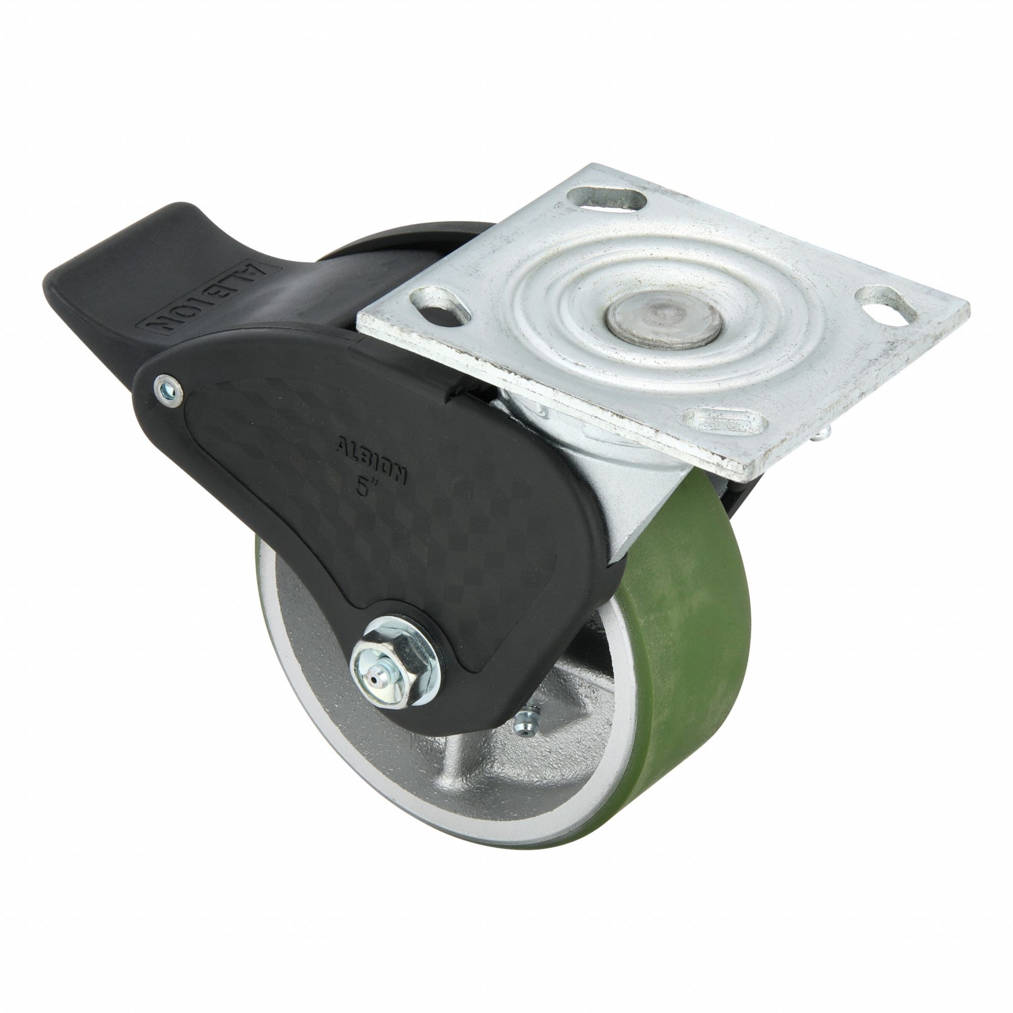 Plate Caster: Swivel, Total Lock, Polyurethane, 5 in Wheel Dia, 2 in Wheel Wd, Slot, Roller