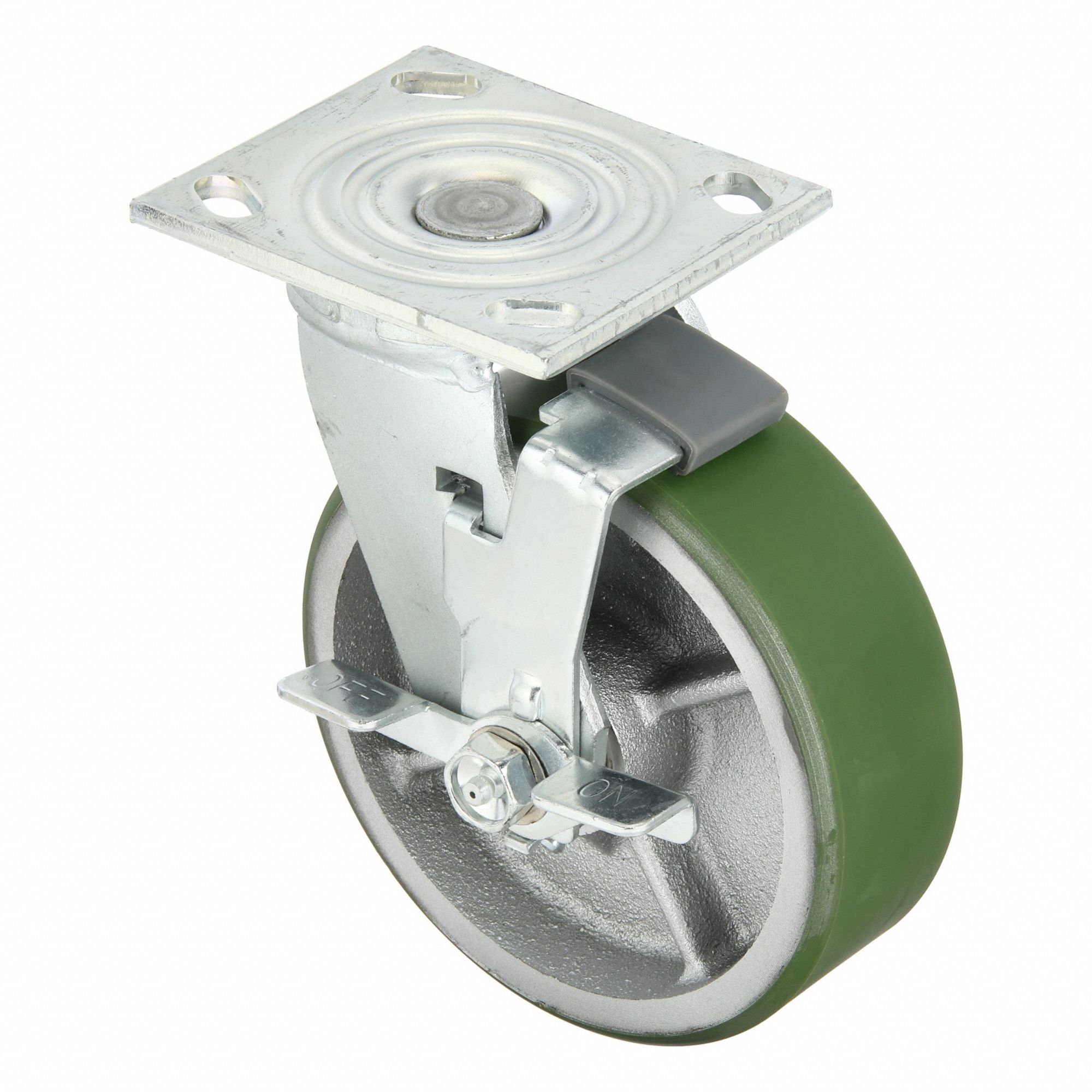 Plate Caster: Swivel, Side Brake, Polyurethane, 6 in Wheel Dia, 2 in Wheel Wd, Slot, Roller