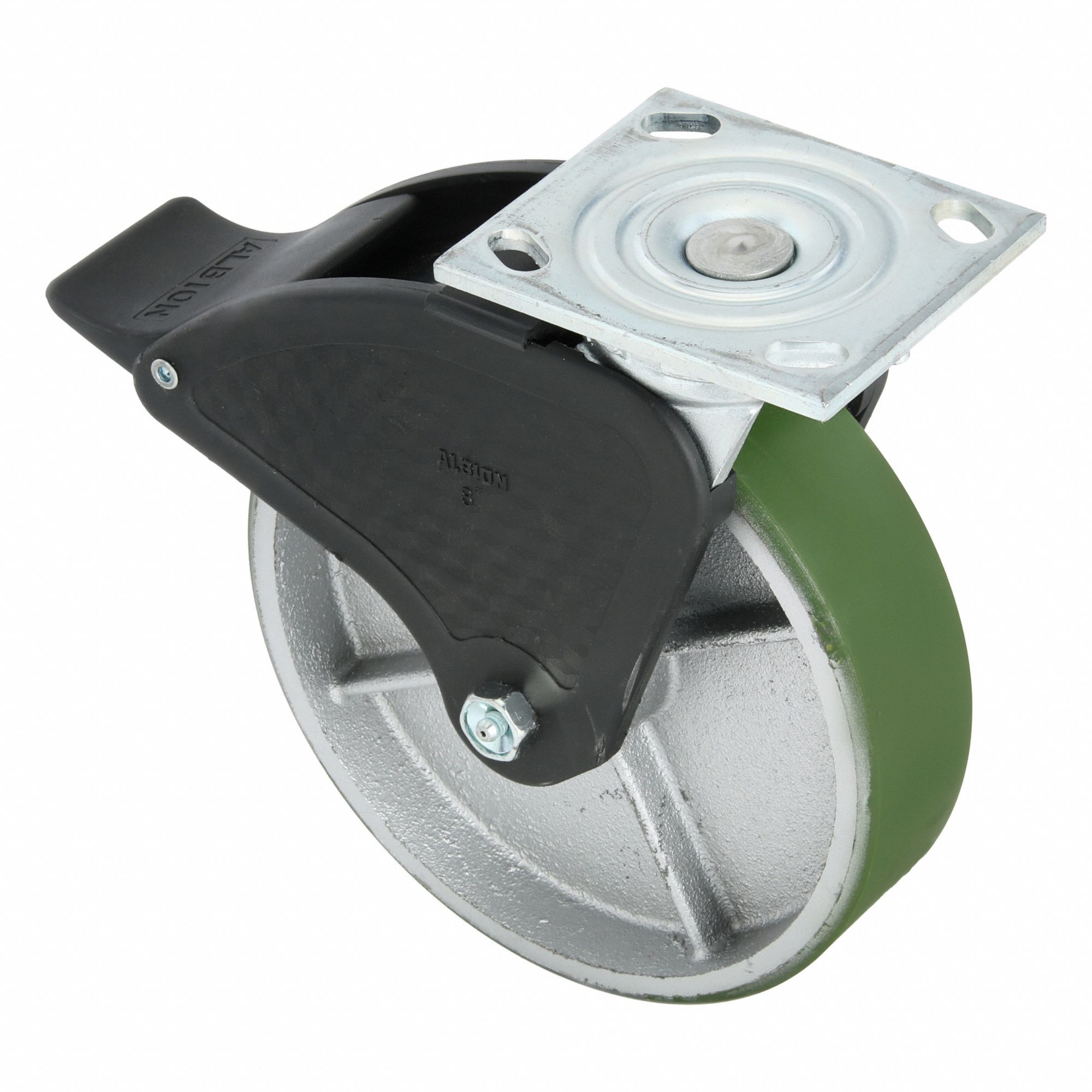 Plate Caster: Swivel, Total Lock, Polyurethane, 8 in Wheel Dia, 2 in Wheel Wd, Slot, Roller
