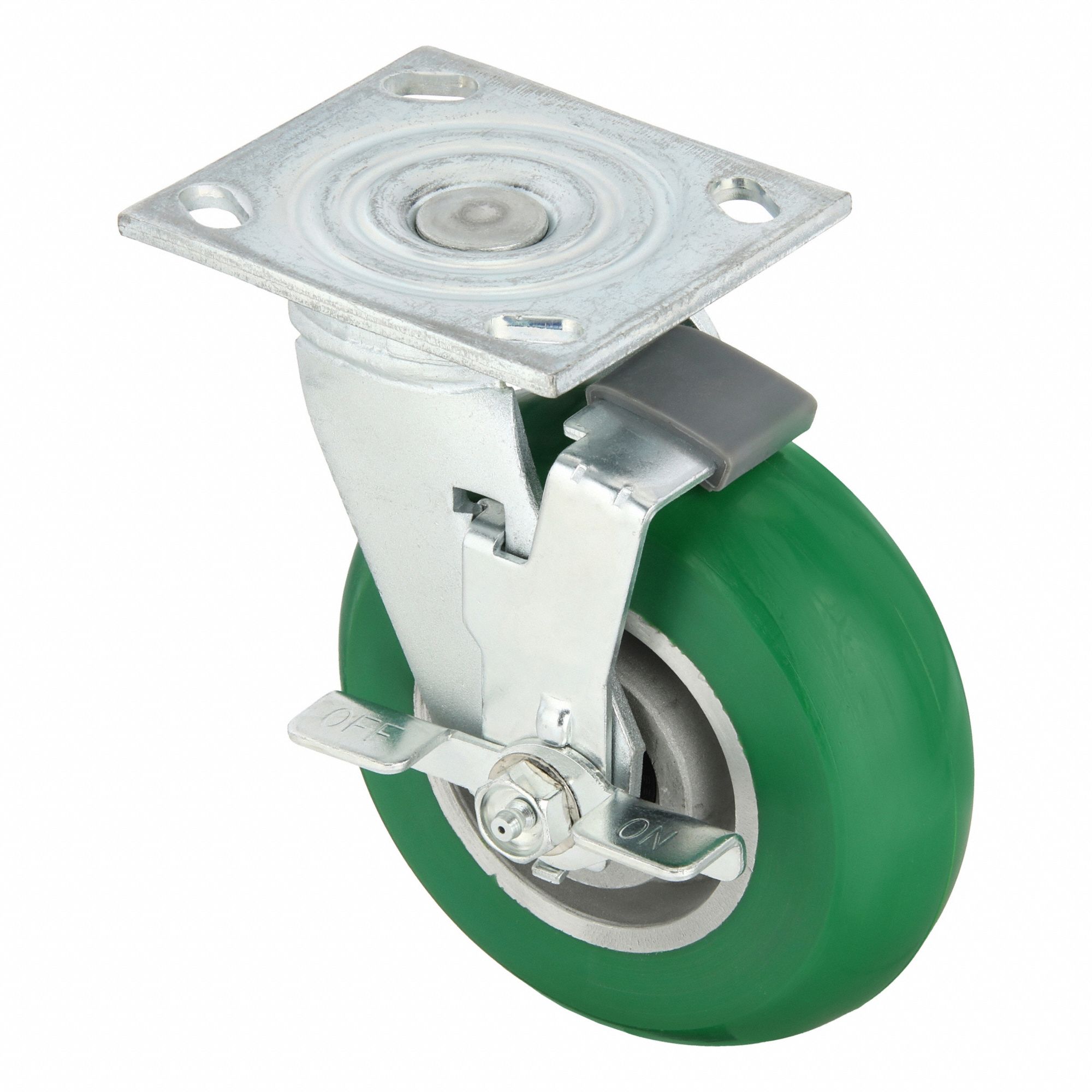 Plate Caster: Swivel, Side Brake, Polyurethane, 6 in Wheel Dia, 2 in Wheel Wd, Slot, Roller