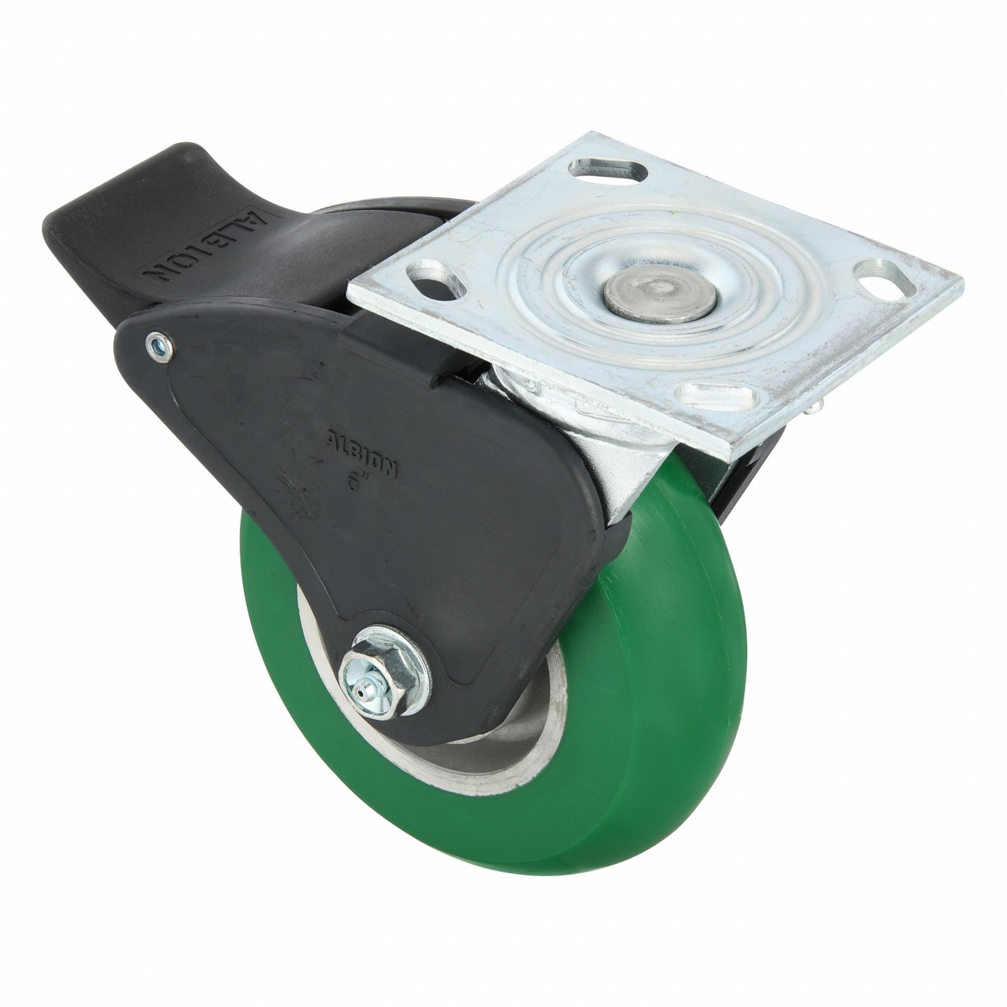 Plate Caster: Swivel, Total Lock, Polyurethane, 6 in Wheel Dia, 2 in Wheel Wd, Slot, Roller