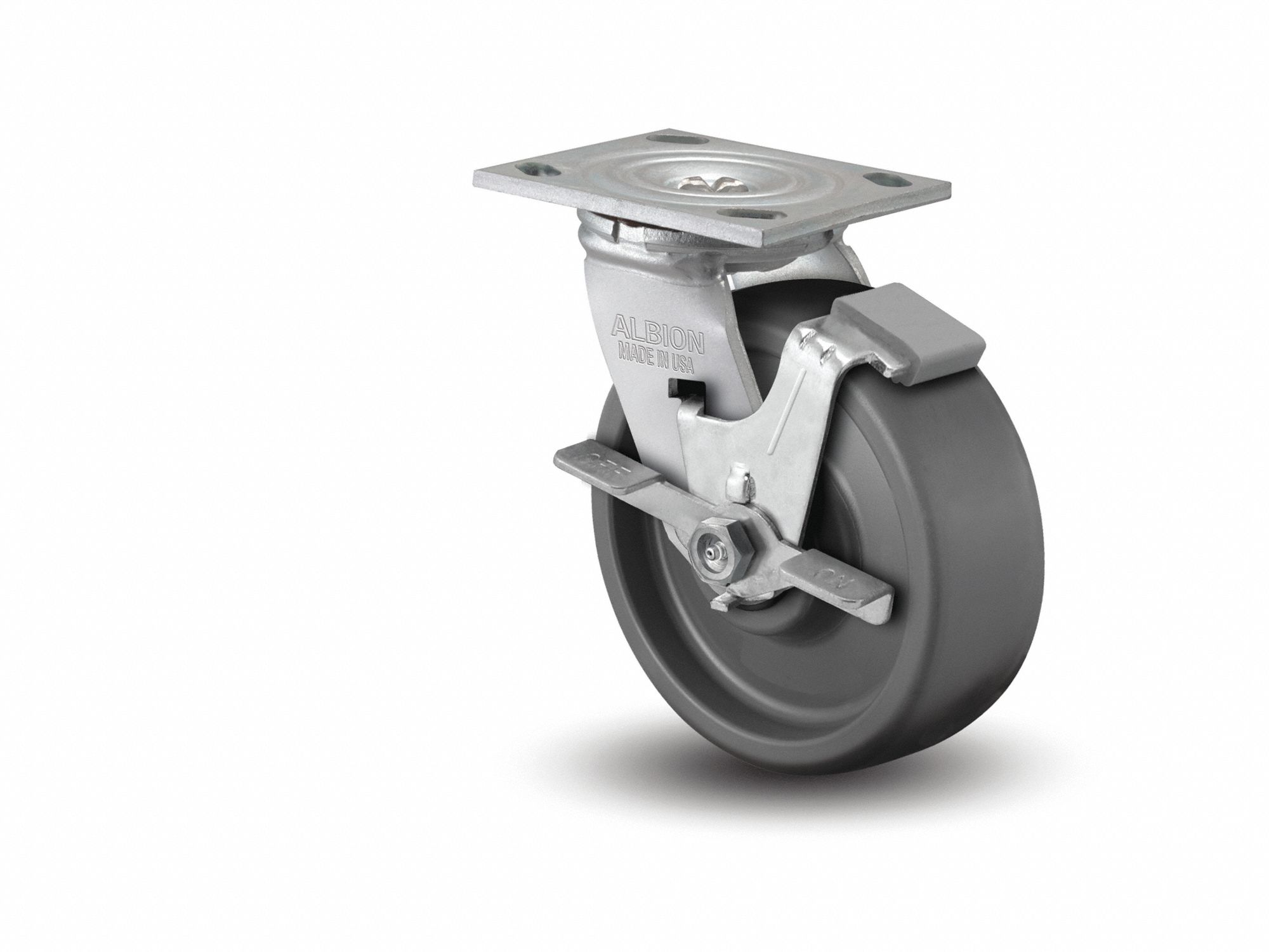 Plate Caster: Swivel, Side Brake, Polyurethane, 4 in Wheel Dia, 2 in Wheel Wd, Slot, Ball
