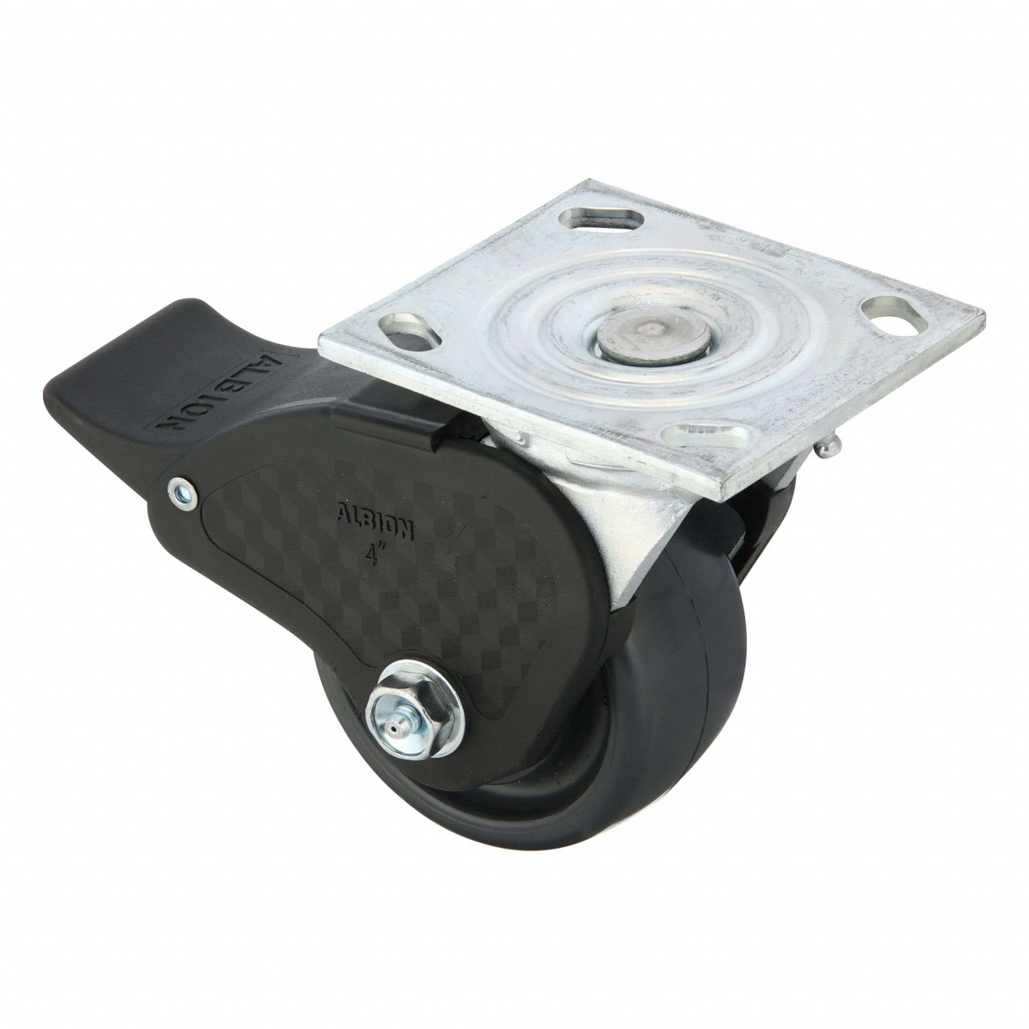 Plate Caster: Swivel, Total Lock, Polyurethane, 4 in Wheel Dia, 2 in Wheel Wd, Slot, Ball