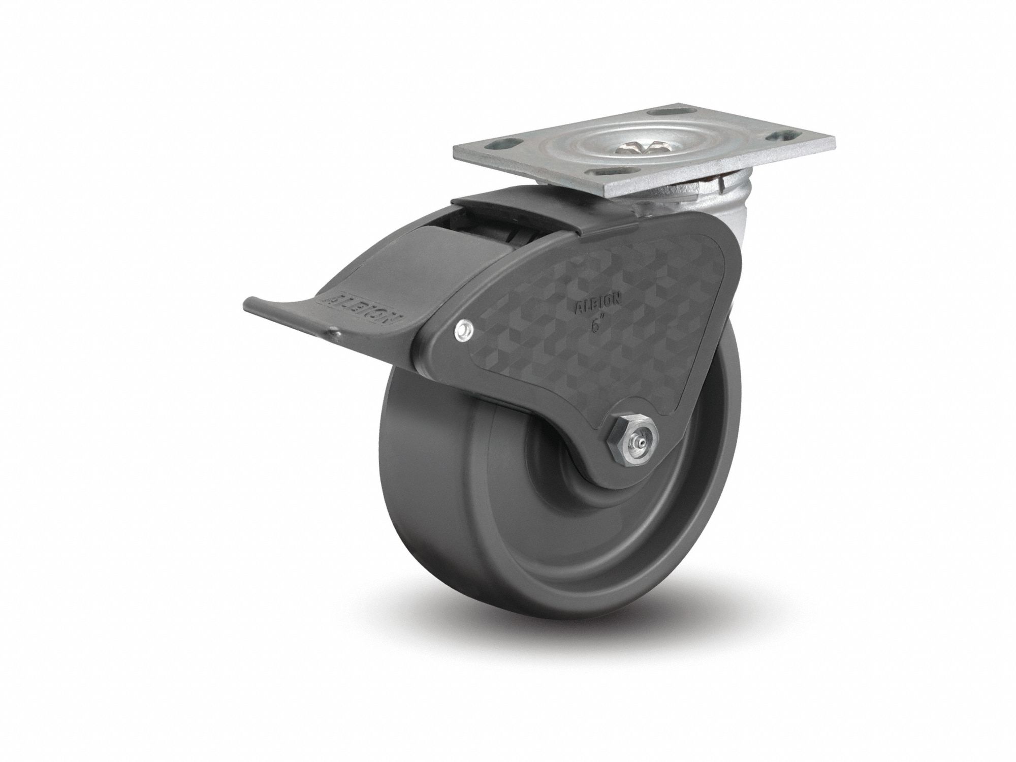 Plate Caster: Swivel, Total Lock, Polyurethane, 6 in Wheel Dia, 2 in Wheel Wd, Slot, Ball