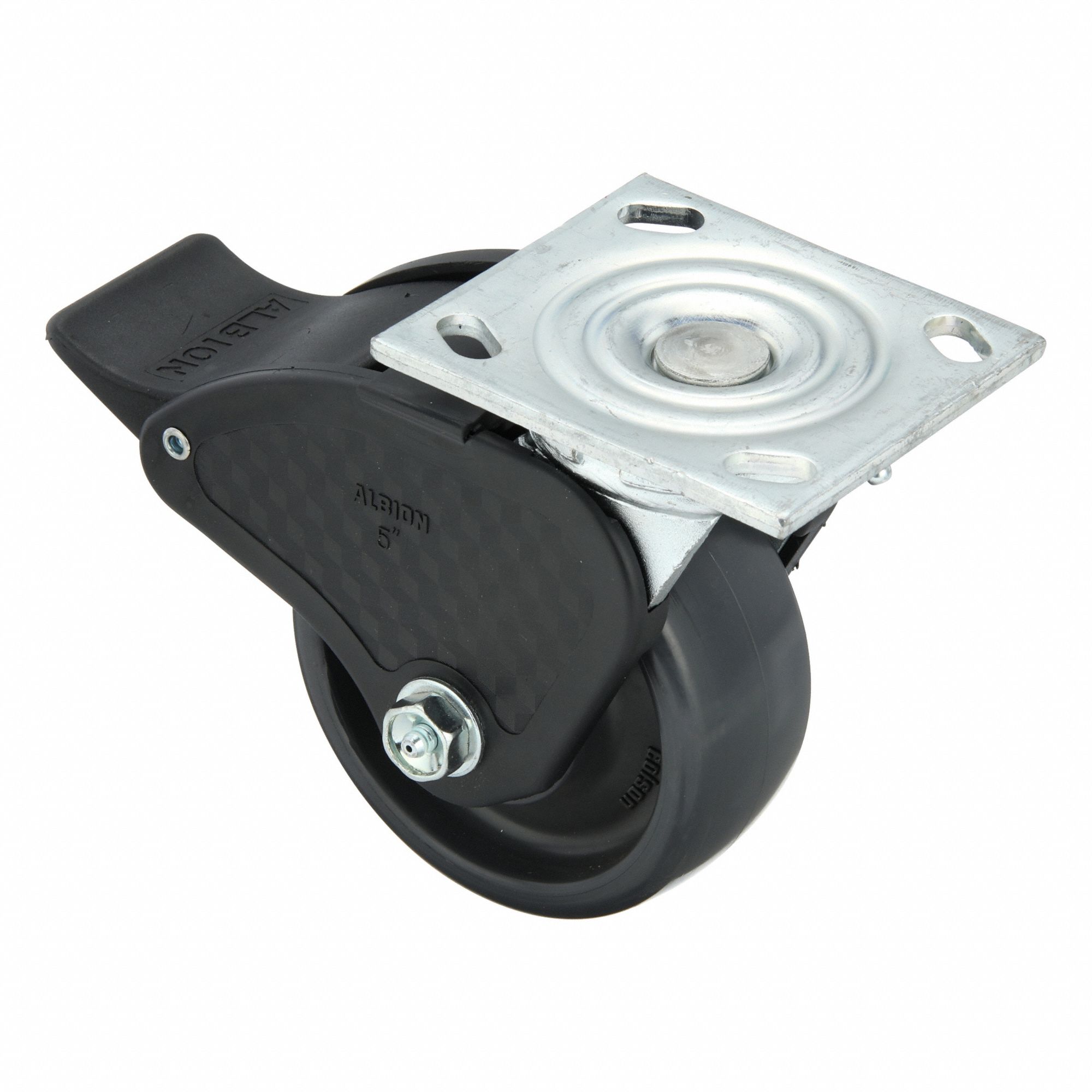 Plate Caster: Swivel, Total Lock, Polyurethane, 5 in Wheel Dia, 2 in Wheel Wd, Slot, Ball