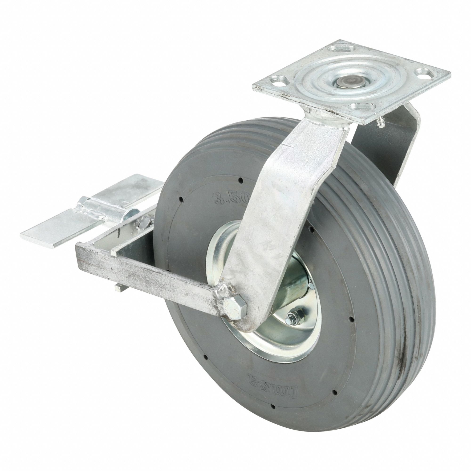 Plate Caster: Swivel, 10 in Wheel Dia., 3 1/2 in Wheel Wd, 7 1/4 in Mounting Ht, Slot, Rubber