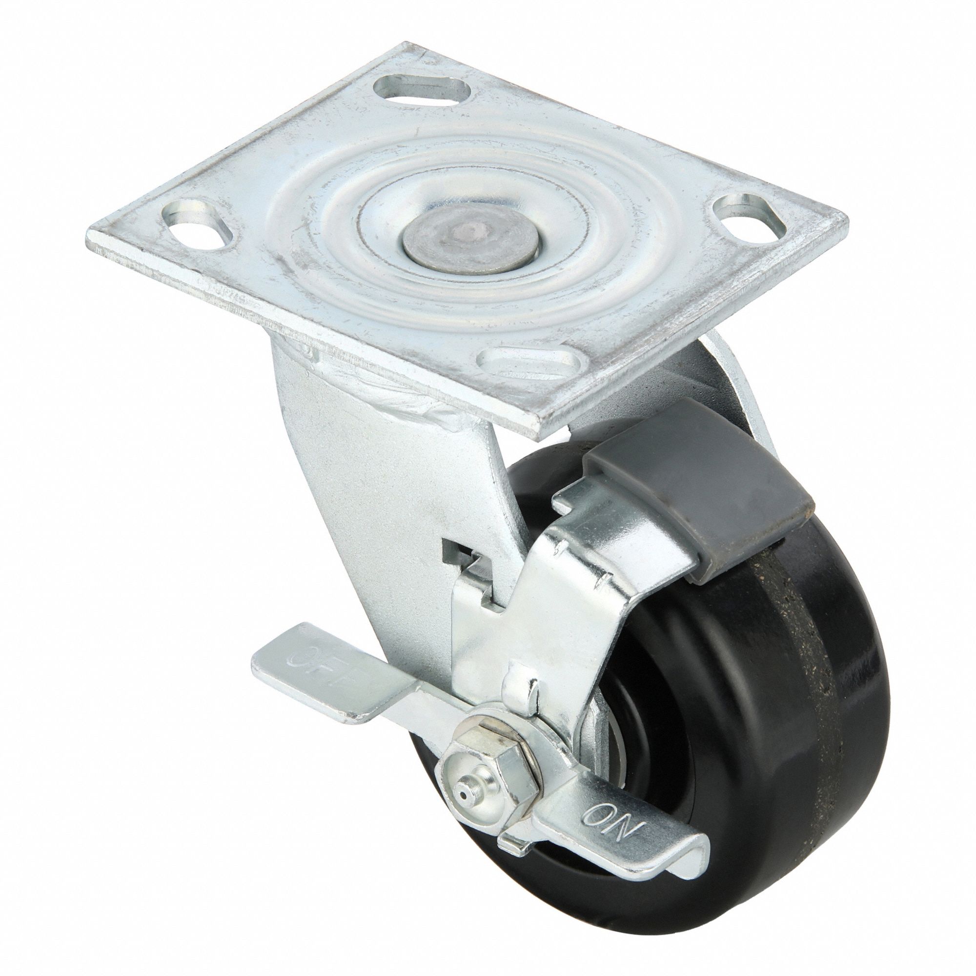Plate Caster: Swivel, Side Brake, Phenolic, 4 in Wheel Dia, 2 in Wheel Wd, Slot, Rectangle