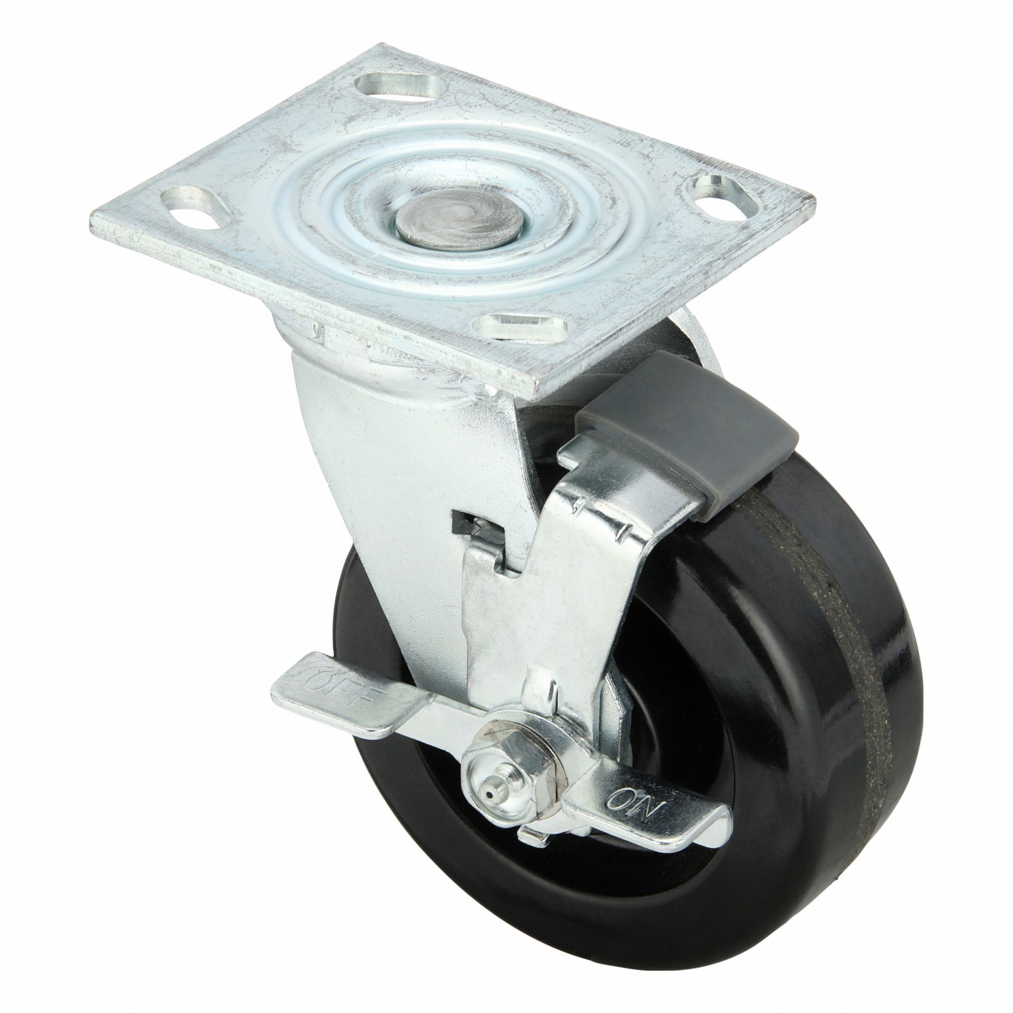 Plate Caster: Swivel, Side Brake, Phenolic, 5 in Wheel Dia, 2 in Wheel Wd, Slot, Rectangle