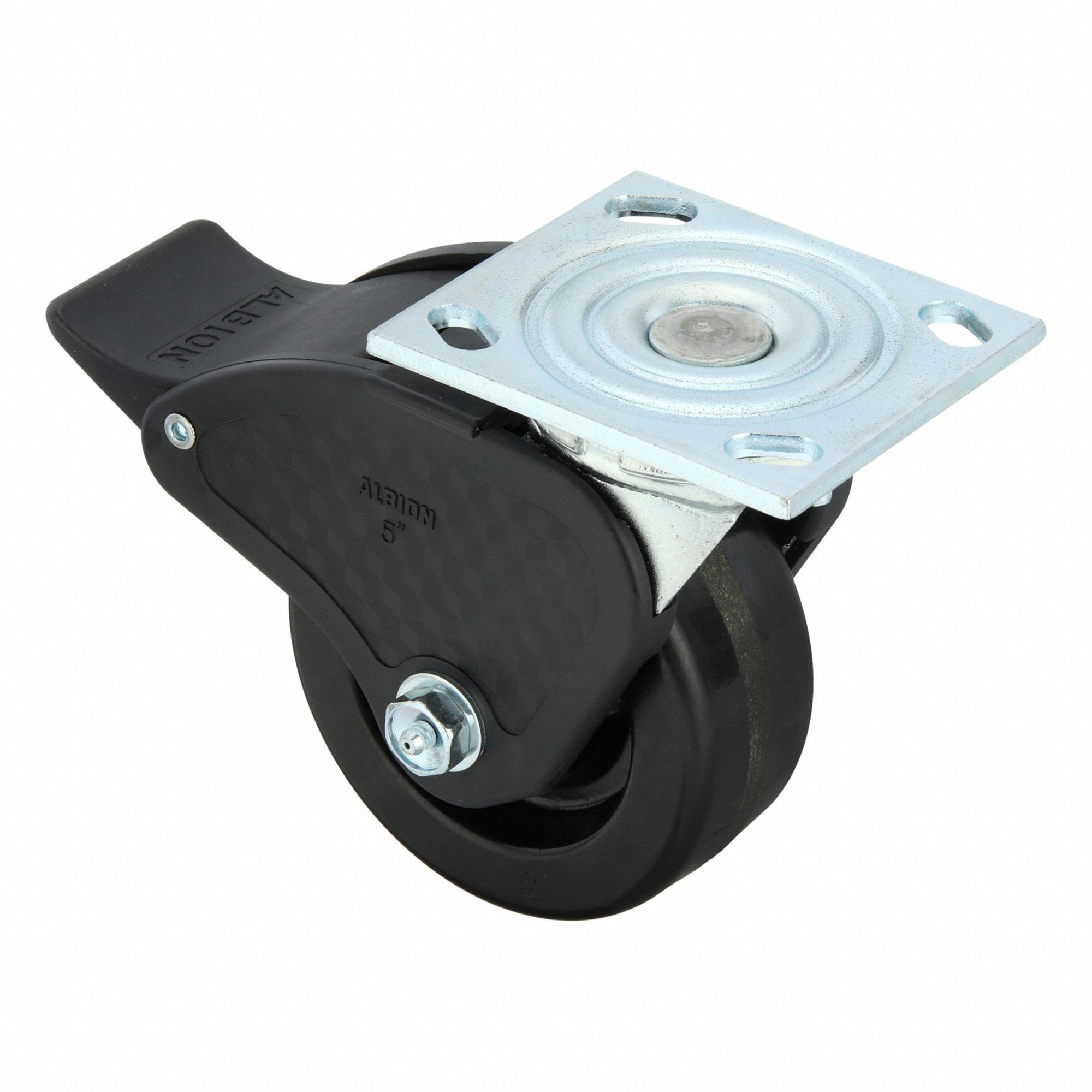 Plate Caster: Swivel, Total Lock, Phenolic, 5 in Wheel Dia, 2 in Wheel Wd, Slot, Rectangle