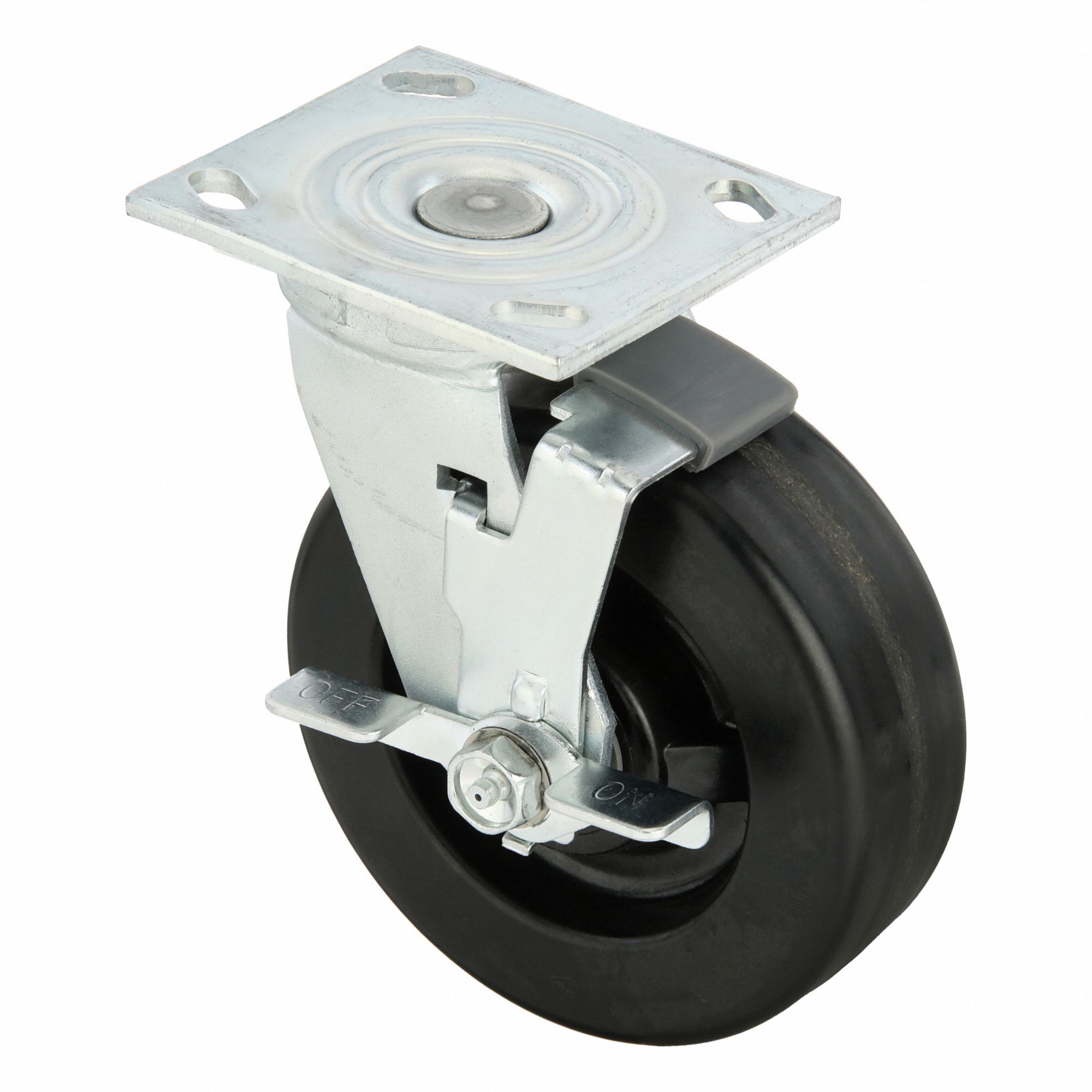 Plate Caster: Swivel, Side Brake, Phenolic, 6 in Wheel Dia, 2 in Wheel Wd, Slot, Rectangle