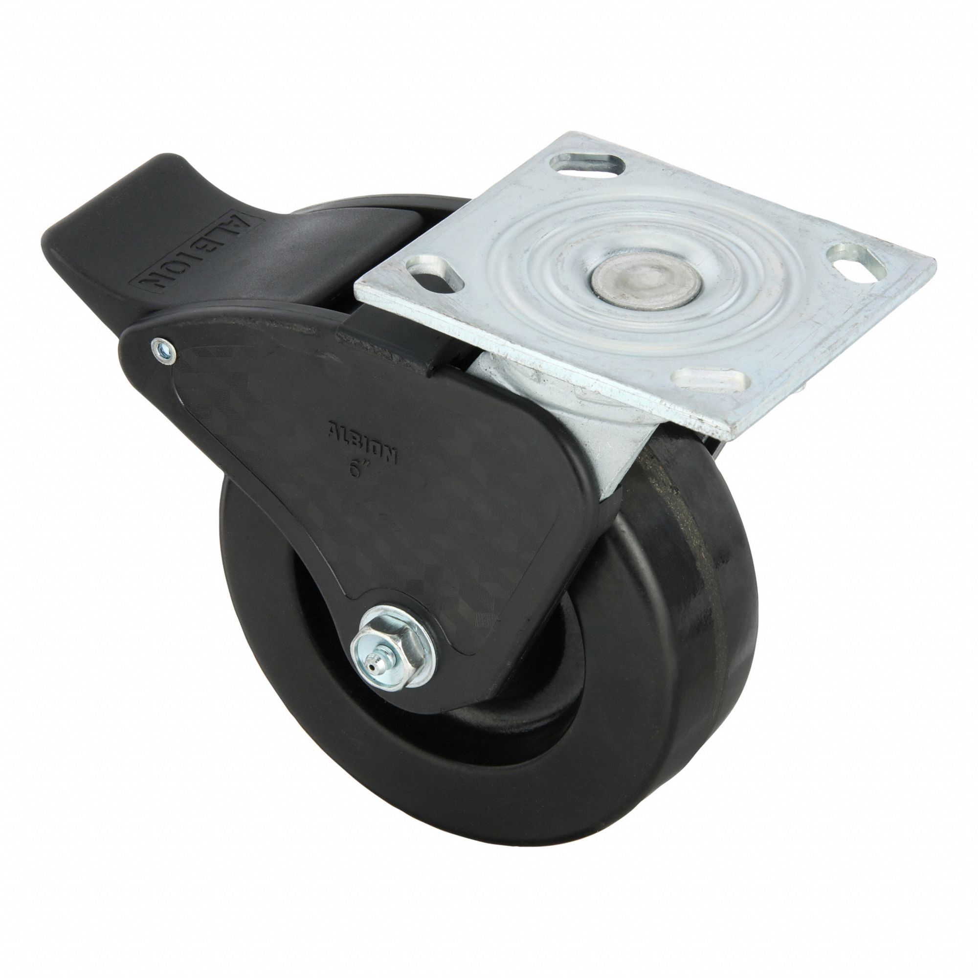 Plate Caster: Swivel, Total Lock, Phenolic, 6 in Wheel Dia, 2 in Wheel Wd, Slot, Rectangle