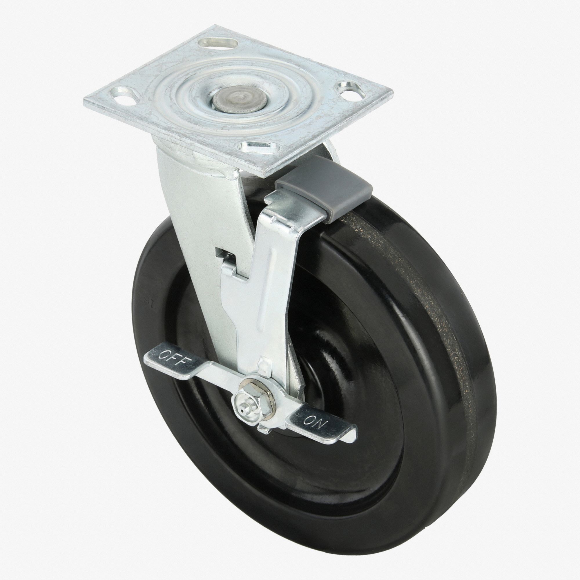Plate Caster: Swivel, Side Brake, Phenolic, 8 in Wheel Dia, 2 in Wheel Wd, Slot, Rectangle