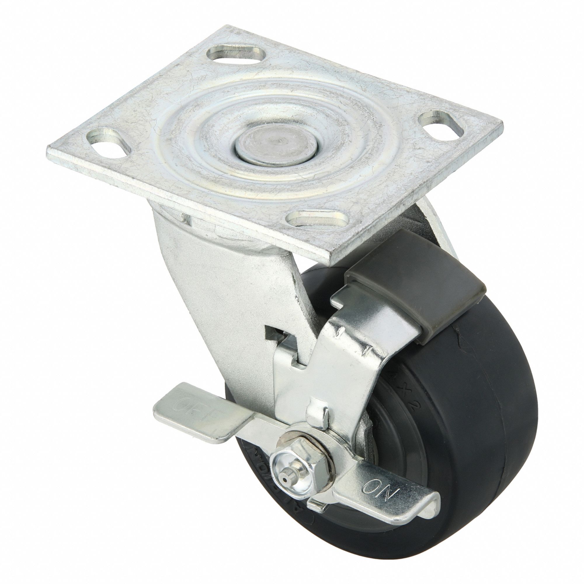 Plate Caster: Swivel, Side Brake, Polyurethane, 4 in Wheel Dia, 2 in Wheel Wd, Slot, Roller