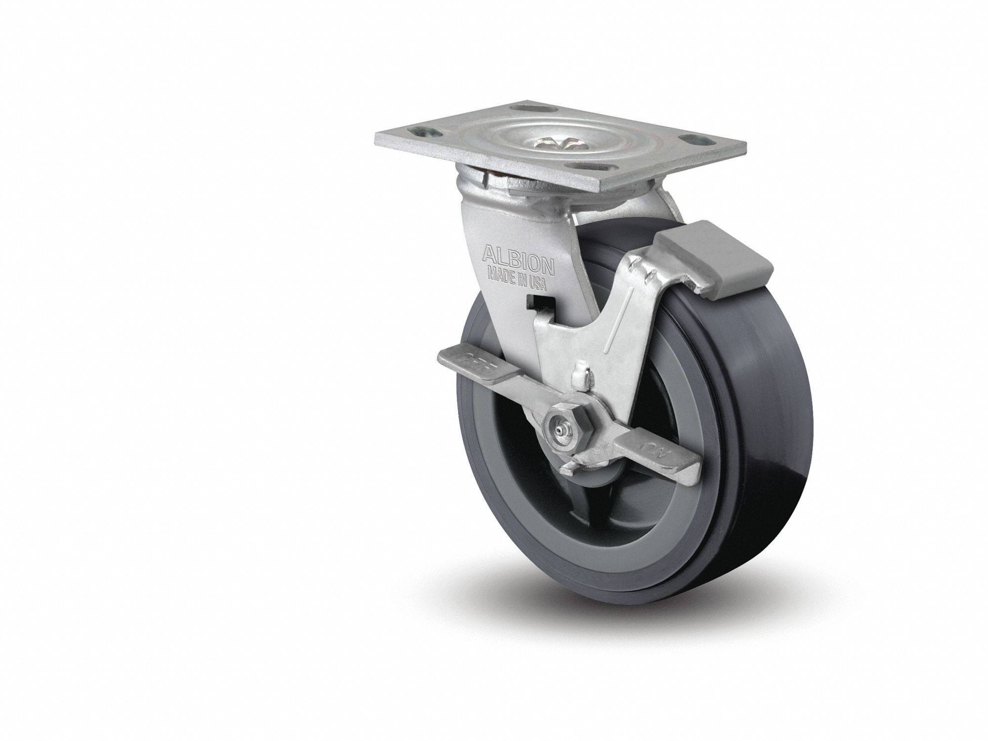 Plate Caster: Swivel, Side Brake, Polyurethane, 5 in Wheel Dia, 2 in Wheel Wd, Slot, Roller