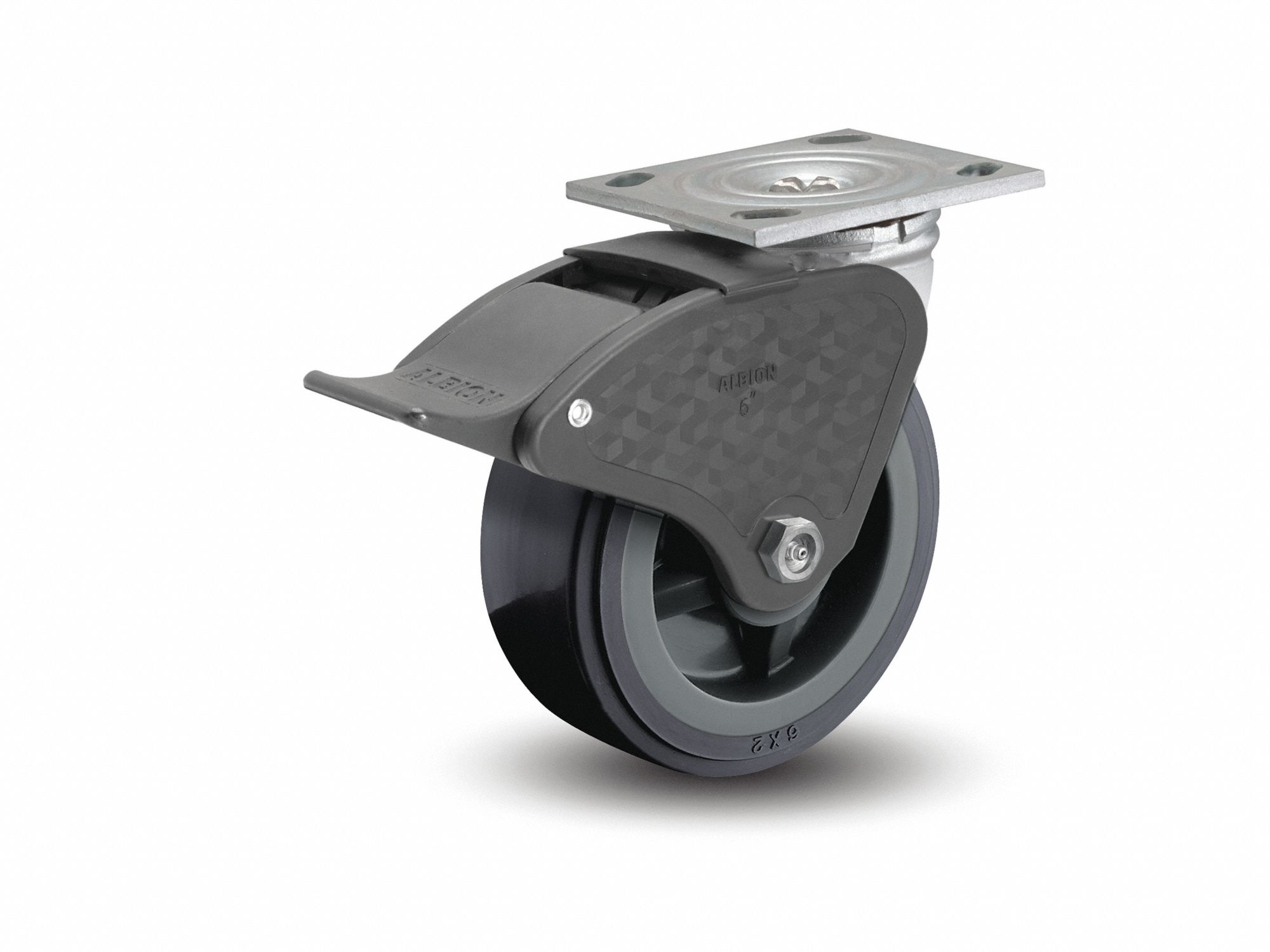 Plate Caster: Swivel, Total Lock, Polyurethane, 4 in Wheel Dia, 2 in Wheel Wd, Slot, Roller