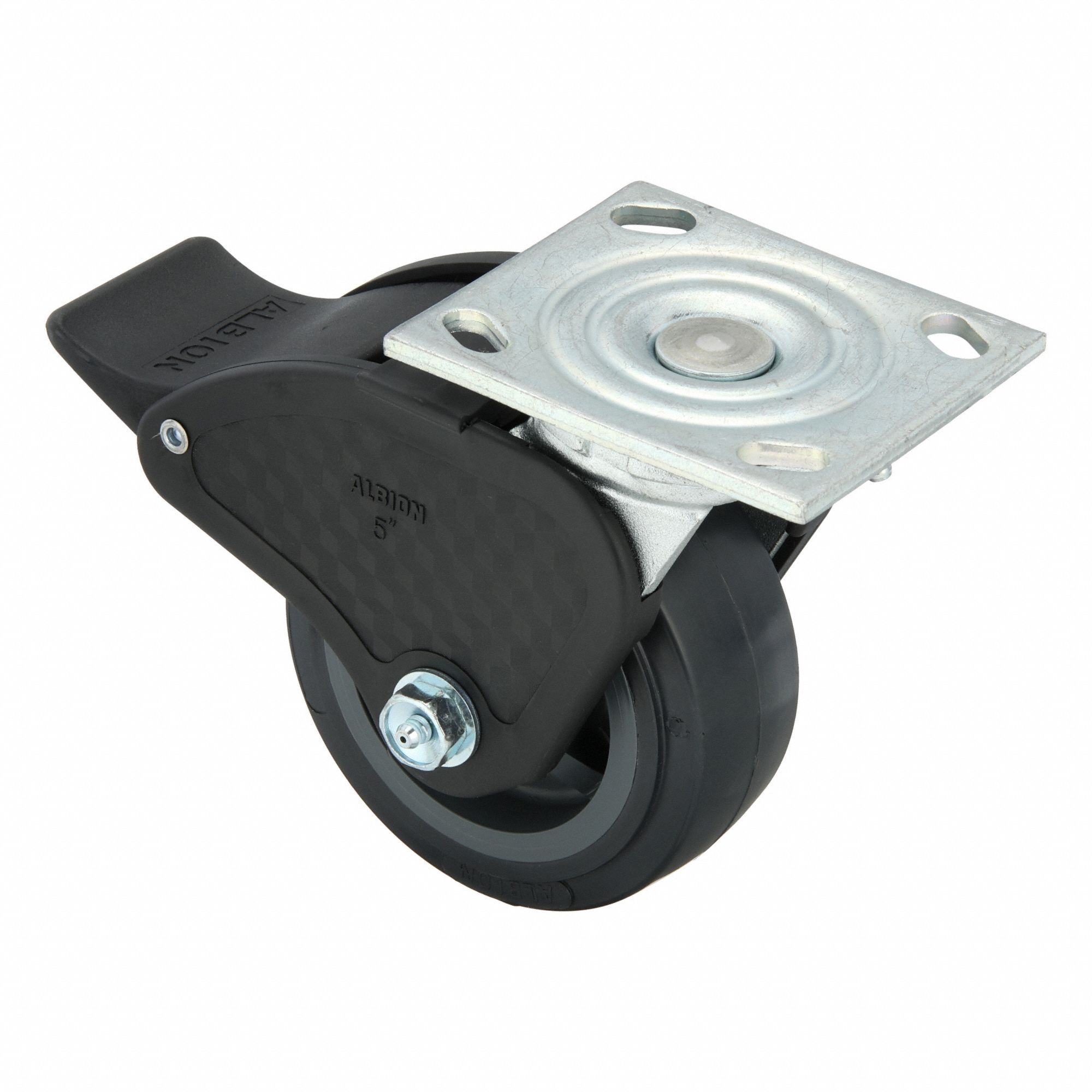 Plate Caster: Swivel, Total Lock, Polyurethane, 5 in Wheel Dia, 2 in Wheel Wd, Slot, Roller
