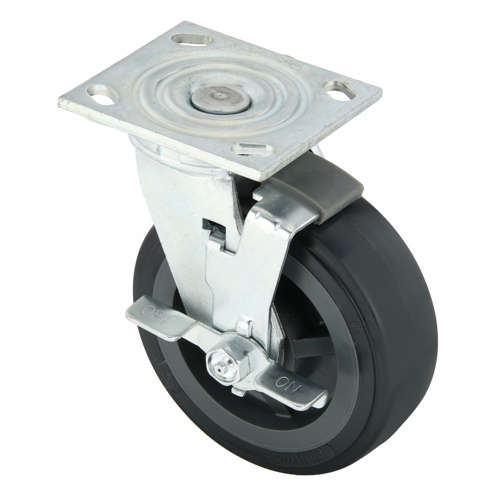 Plate Caster: Swivel, Side Brake, Polyurethane, 6 in Wheel Dia, 2 in Wheel Wd, Slot, Roller