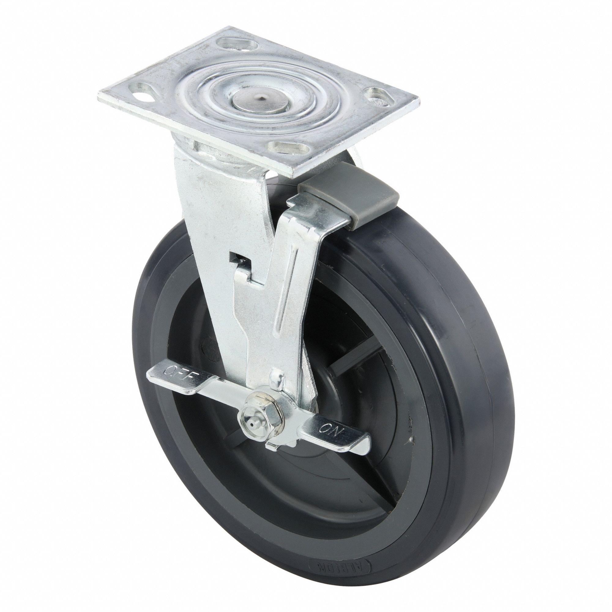 Plate Caster: Swivel, Side Brake, Polyurethane, 8 in Wheel Dia, 2 in Wheel Wd, Slot, Roller
