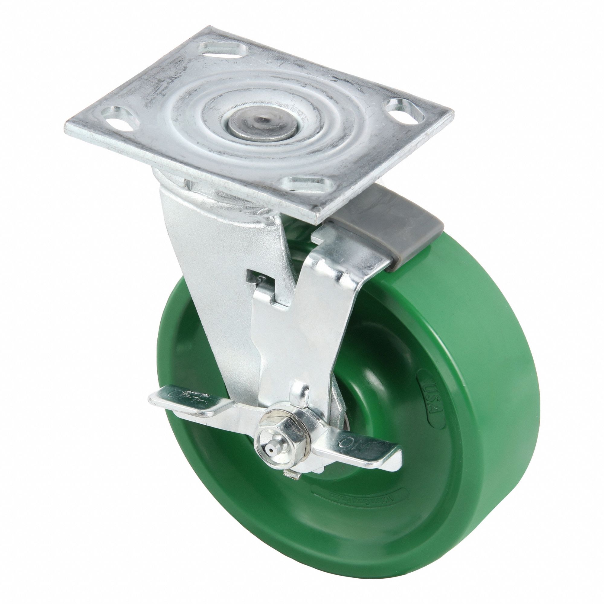 Plate Caster: Swivel, Side Brake, Polyurethane, 6 in Wheel Dia, 2 in Wheel Wd, Slot, Roller