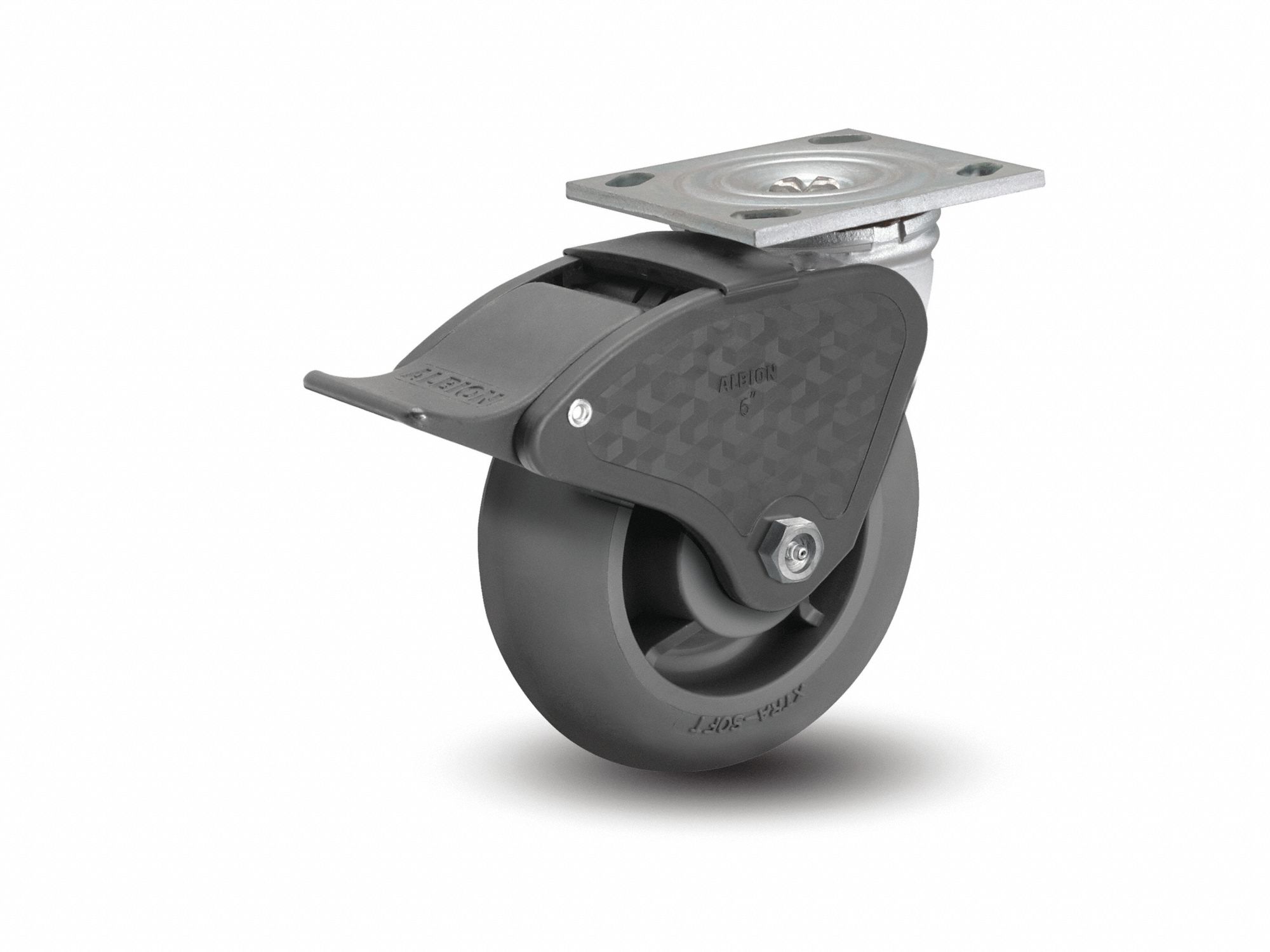 Plate Caster: Swivel, Total Lock, Rubber, 8 in Wheel Dia, 2 in Wheel Wd, 9 1/2 in Mounting Ht