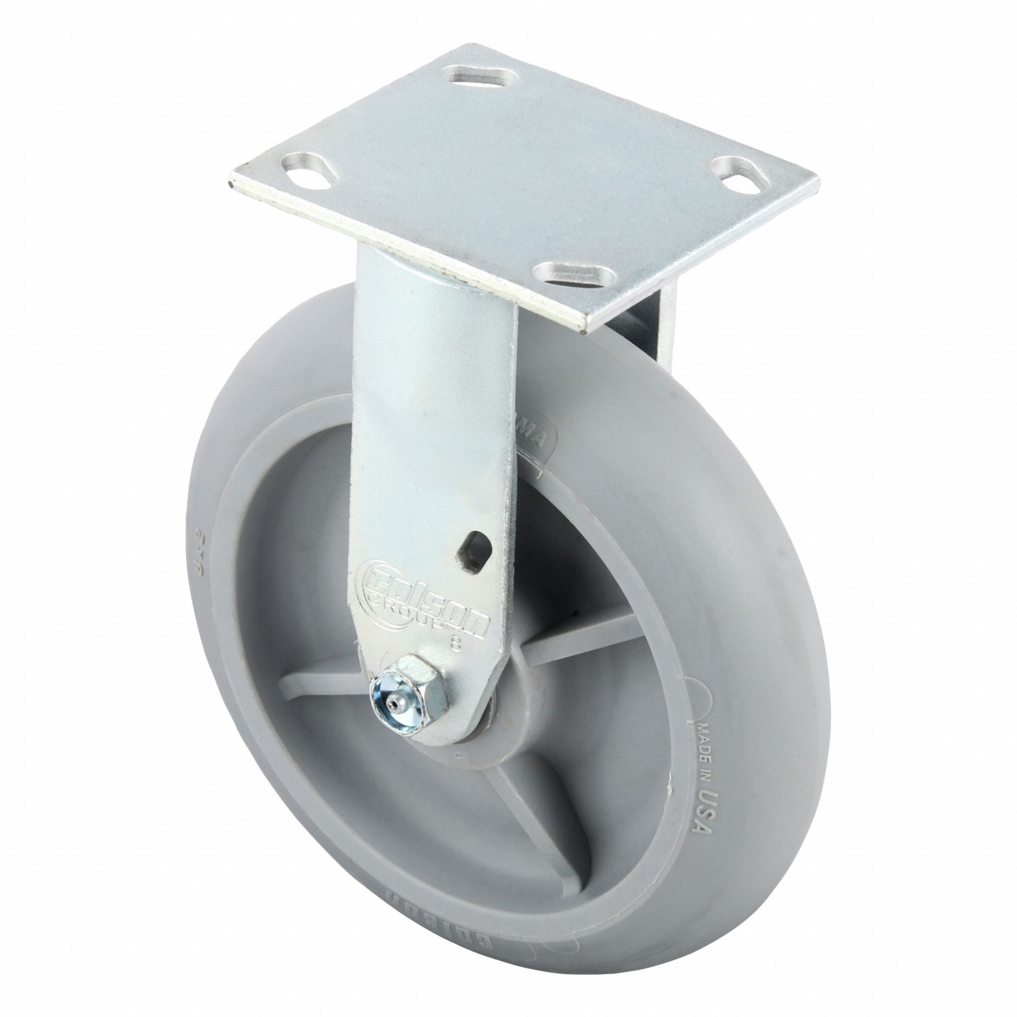 Plate Caster: Rigid, No Brake, Rubber, 8 in Wheel Dia, 2 in Wheel Wd, 9 1/2 in Mounting Ht