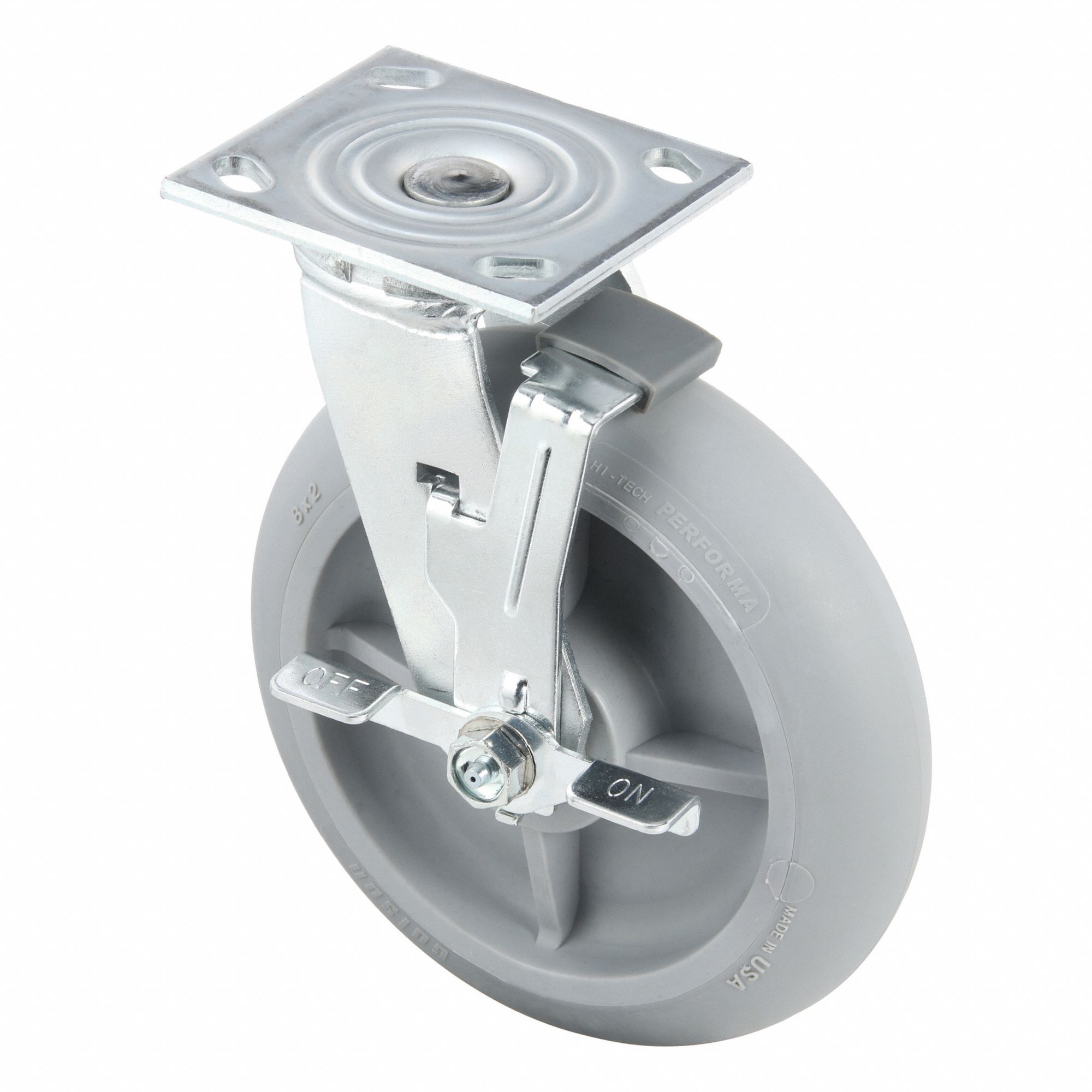 Plate Caster: Swivel, Side Brake, Rubber, 8 in Wheel Dia, 2 in Wheel Wd, 9 1/2 in Mounting Ht