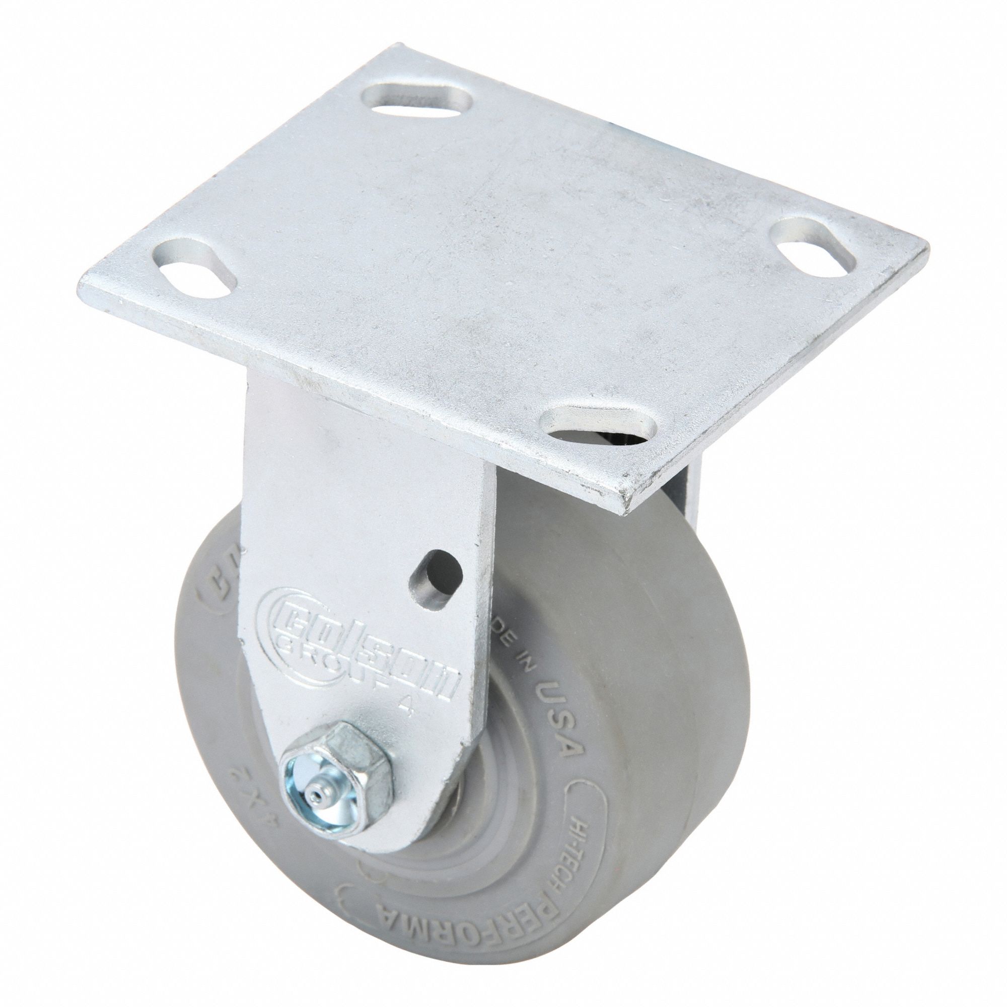 Plate Caster: Rigid, No Brake, Rubber, 4 in Wheel Dia, 2 in Wheel Wd, 5 5/8 in Mounting Ht