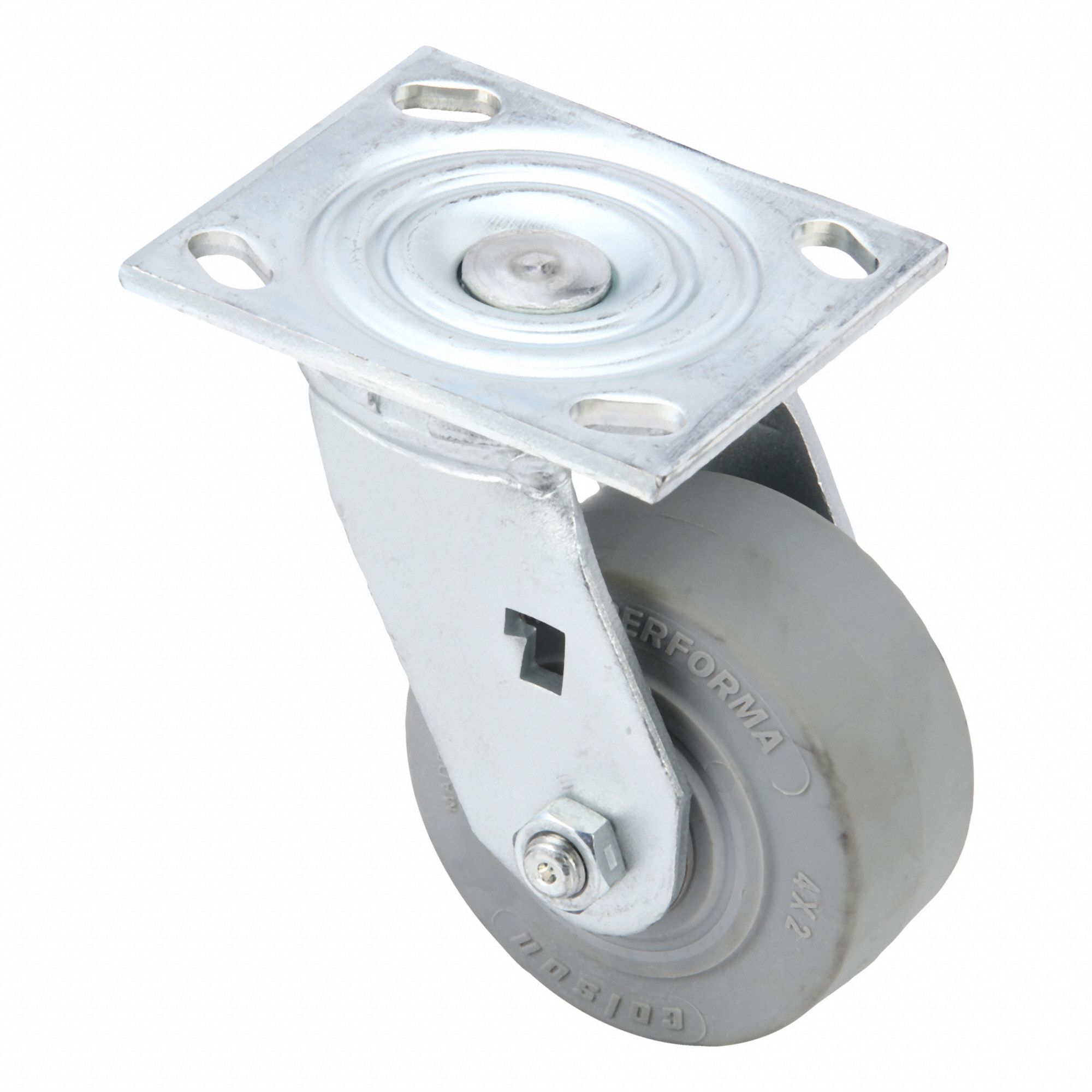 Plate Caster: Swivel, No Brake, Rubber, 4 in Wheel Dia, 2 in Wheel Wd, 5 5/8 in Mounting Ht