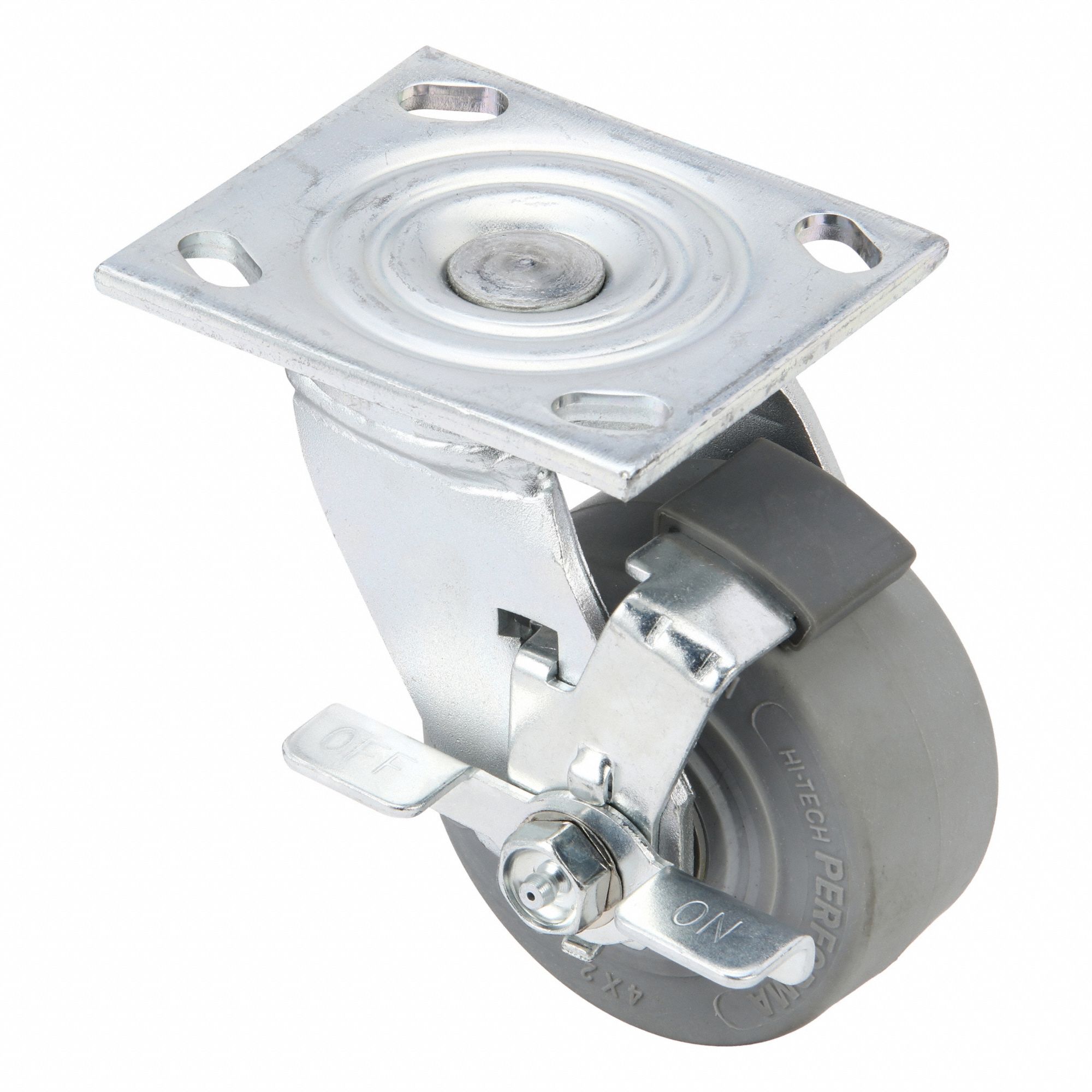 Plate Caster: Swivel, Side Brake, Rubber, 4 in Wheel Dia, 2 in Wheel Wd, 5 5/8 in Mounting Ht