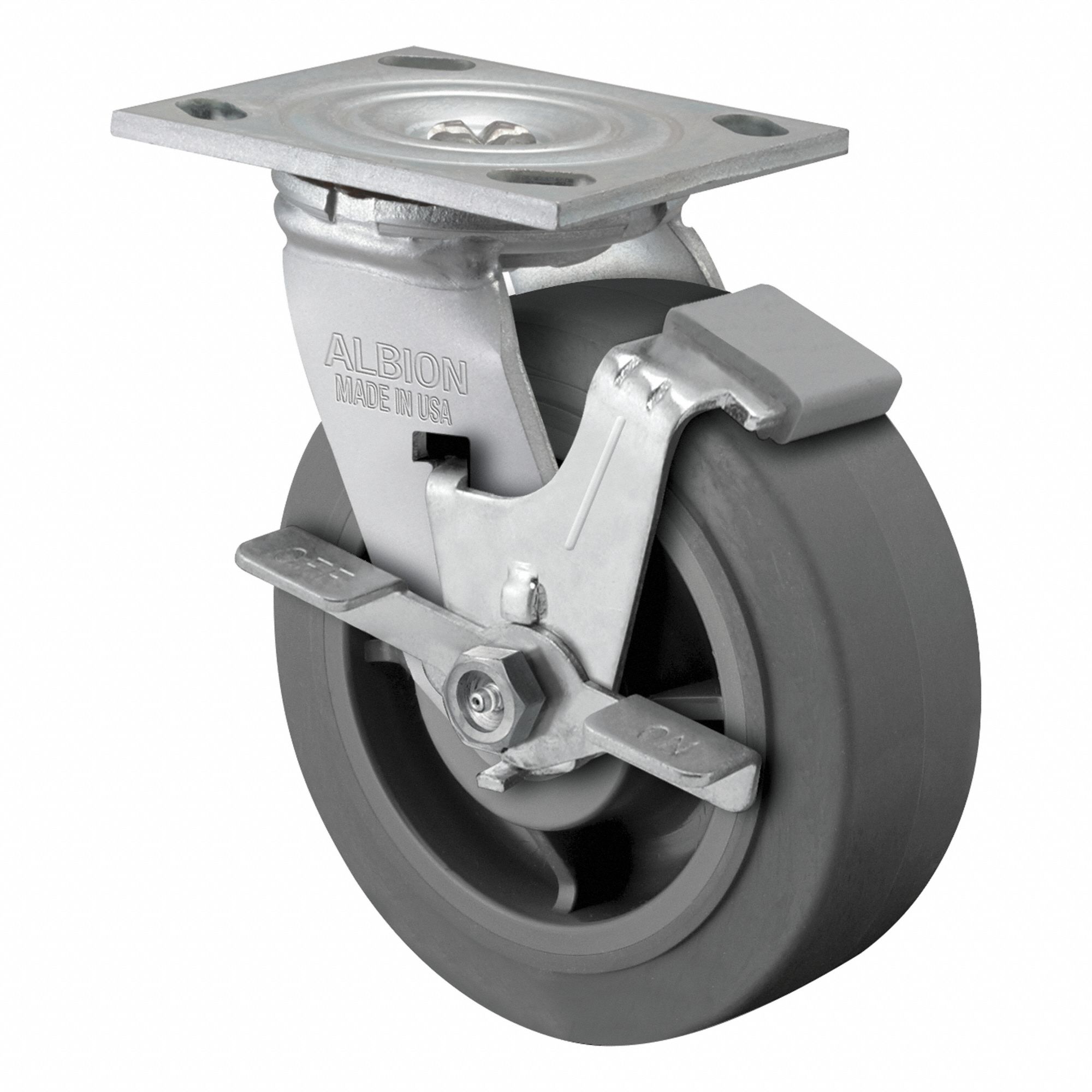 Plate Caster: Swivel, Side Brake, Rubber, 8 in Wheel Dia, 2 in Wheel Wd, 9 1/2 in Mounting Ht