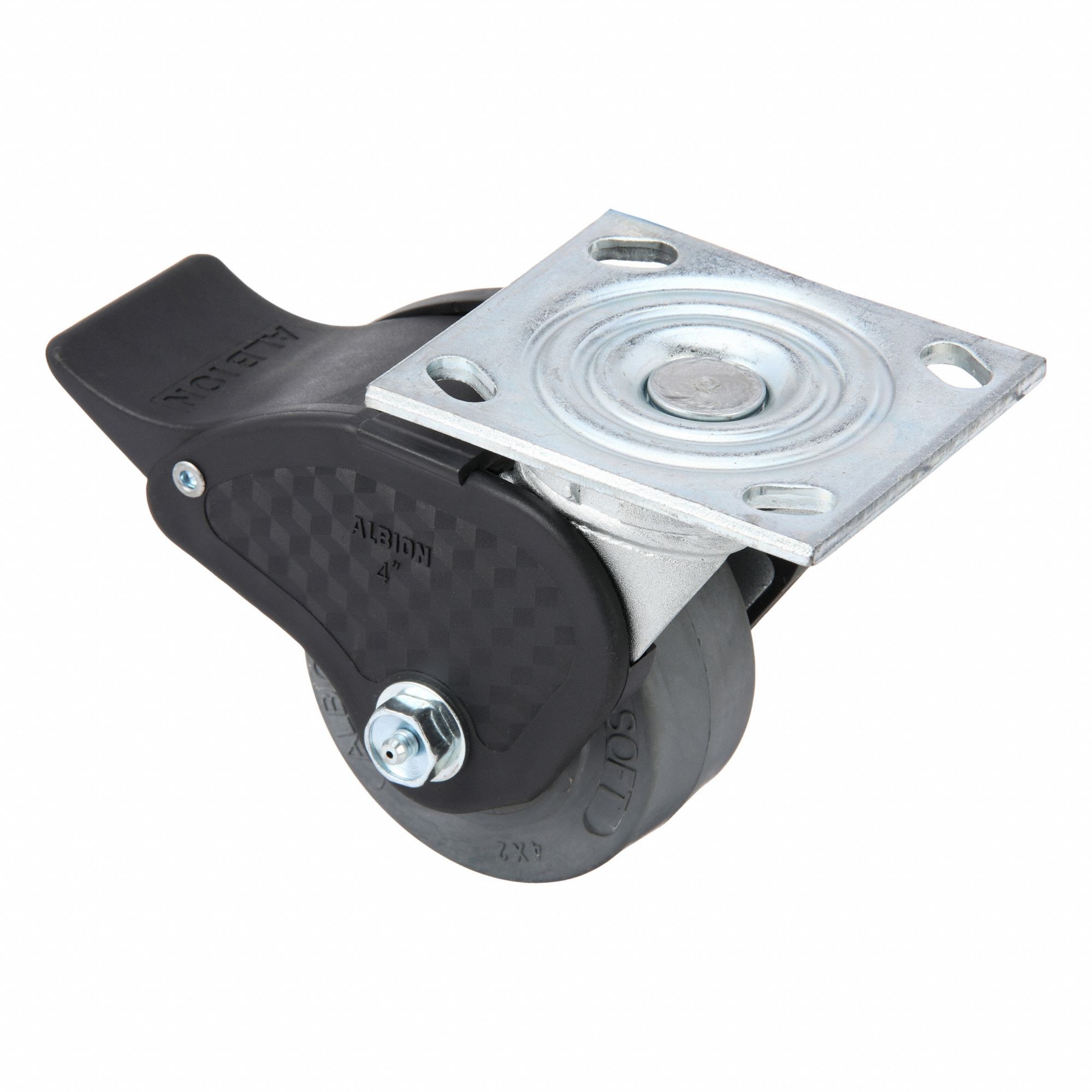 Plate Caster: Swivel, Total Lock, Rubber, 4 in Wheel Dia, 2 in Wheel Wd, 5 5/8 in Mounting Ht