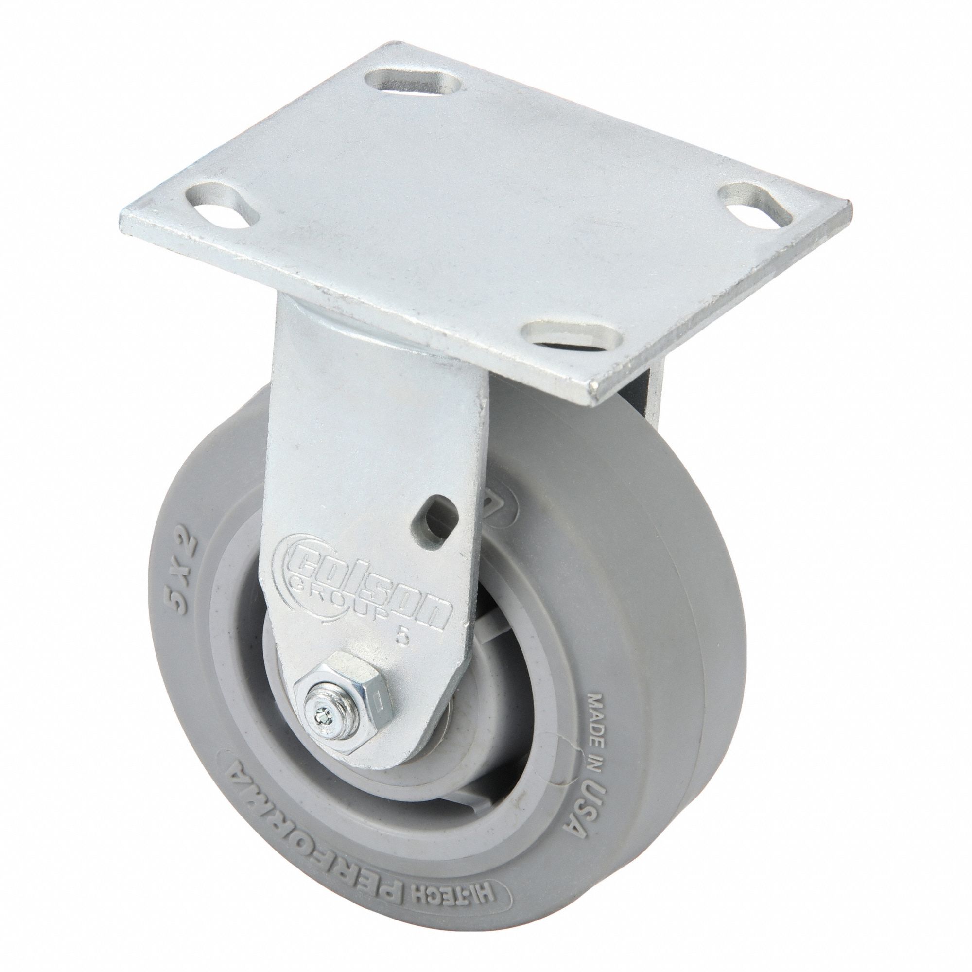 Plate Caster: Rigid, No Brake, Rubber, 5 in Wheel Dia, 2 in Wheel Wd, 6 1/2 in Mounting Ht