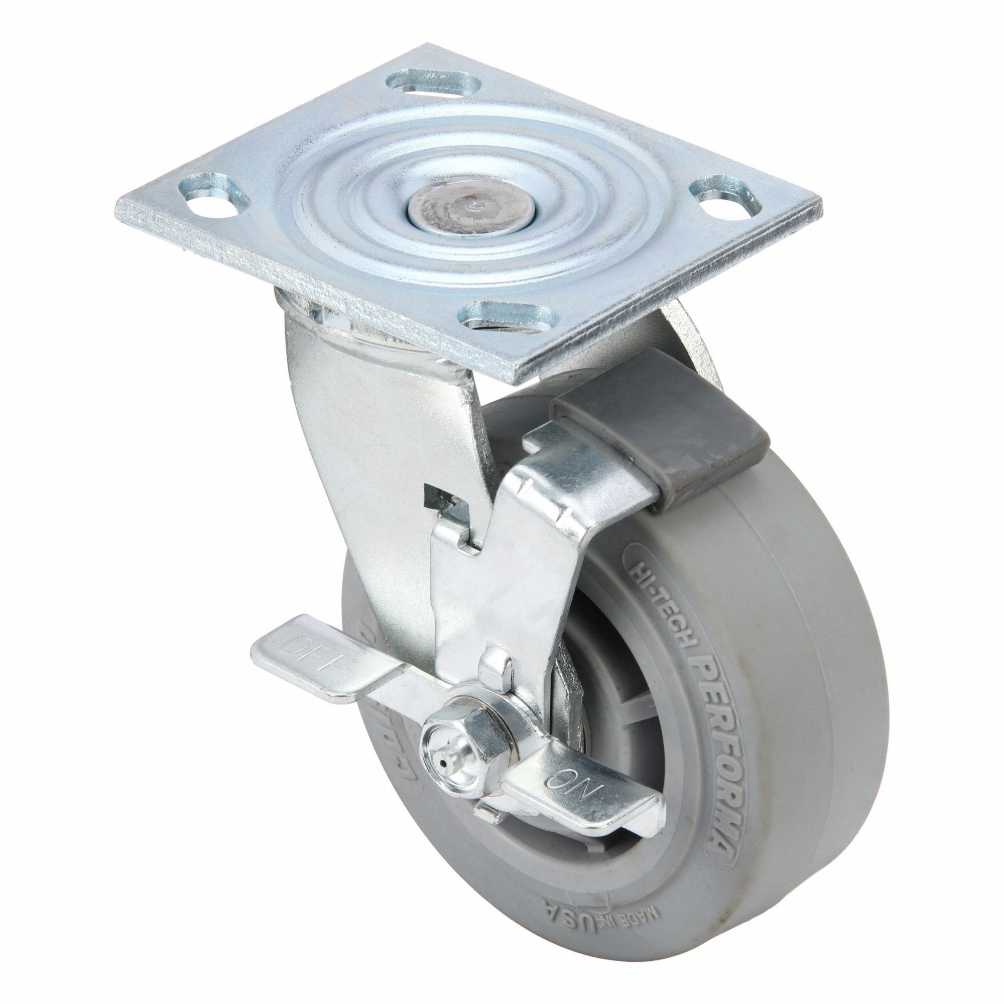 Plate Caster: Swivel, Side Brake, Rubber, 5 in Wheel Dia, 2 in Wheel Wd, 6 1/2 in Mounting Ht
