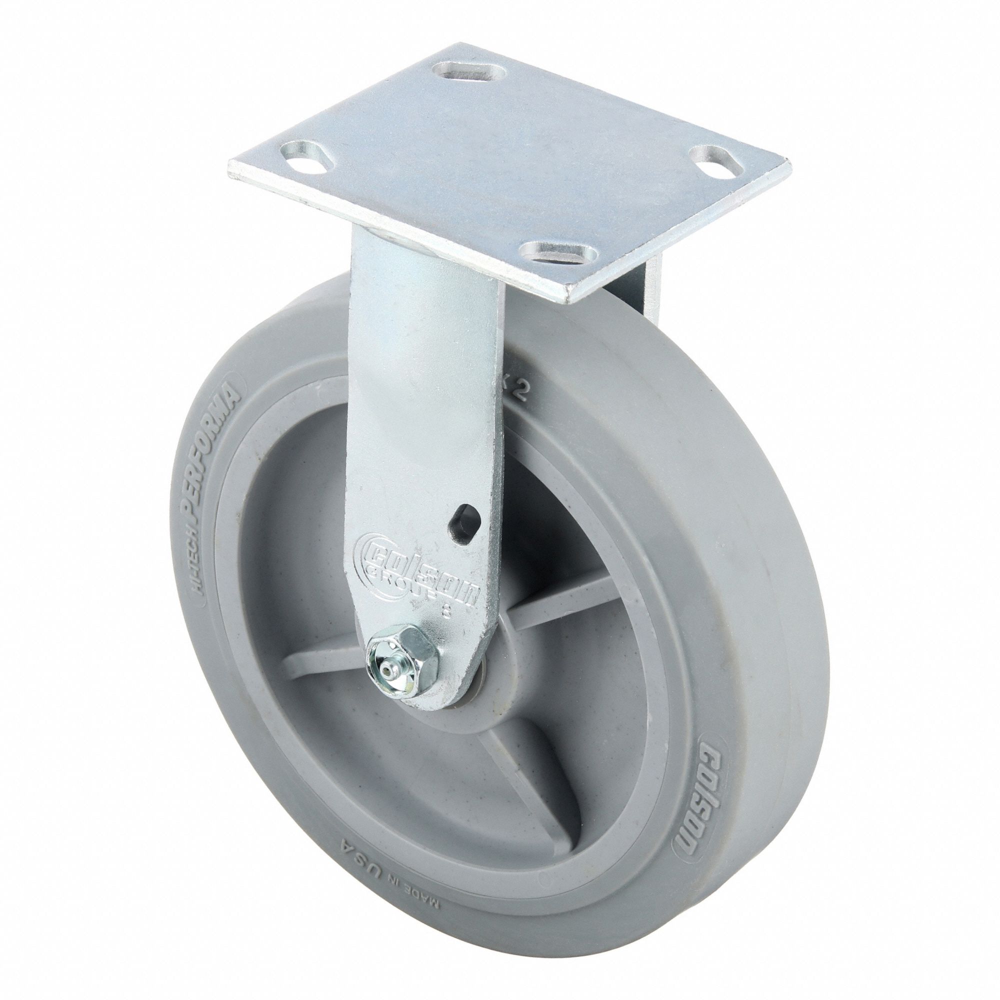 Plate Caster: Rigid, Total Lock, Rubber, 8 in Wheel Dia, 2 in Wheel Wd, 9 1/2 in Mounting Ht