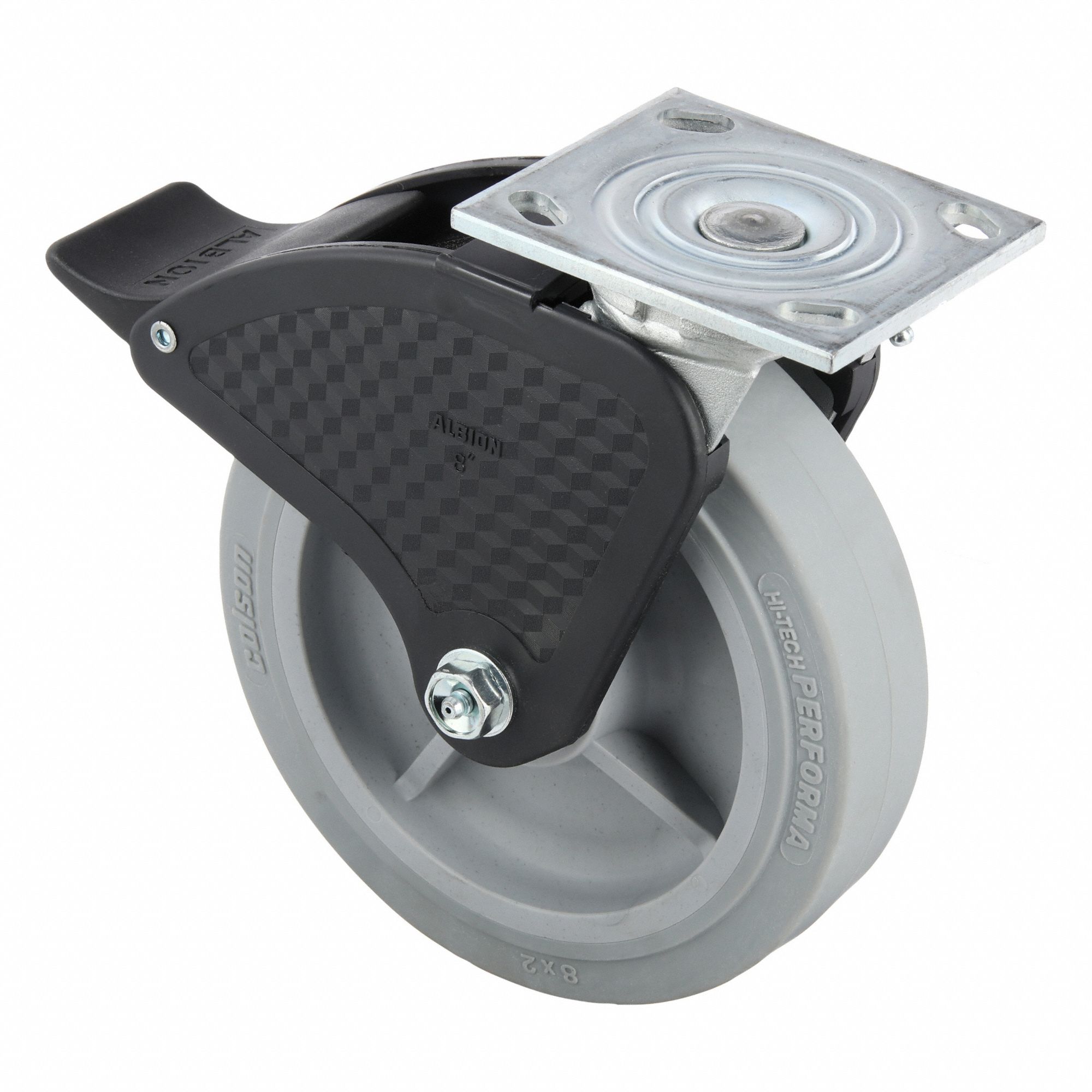 Plate Caster: Swivel, Total Lock, Rubber, 8 in Wheel Dia, 2 in Wheel Wd, 9 1/2 in Mounting Ht
