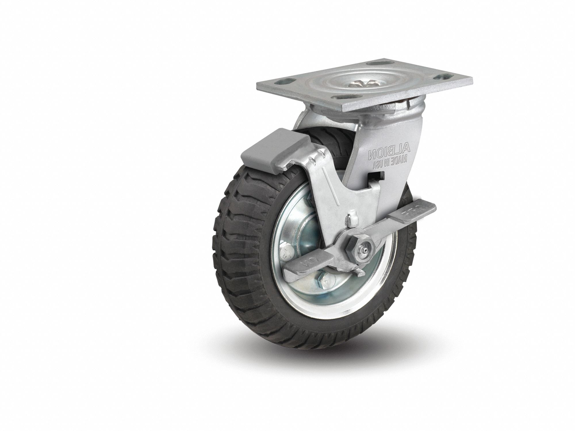 Plate Caster: Swivel, 8 in Wheel Dia., 2 in Wheel Wd, 9 1/2 in Mounting Ht, Slot, Rectangle
